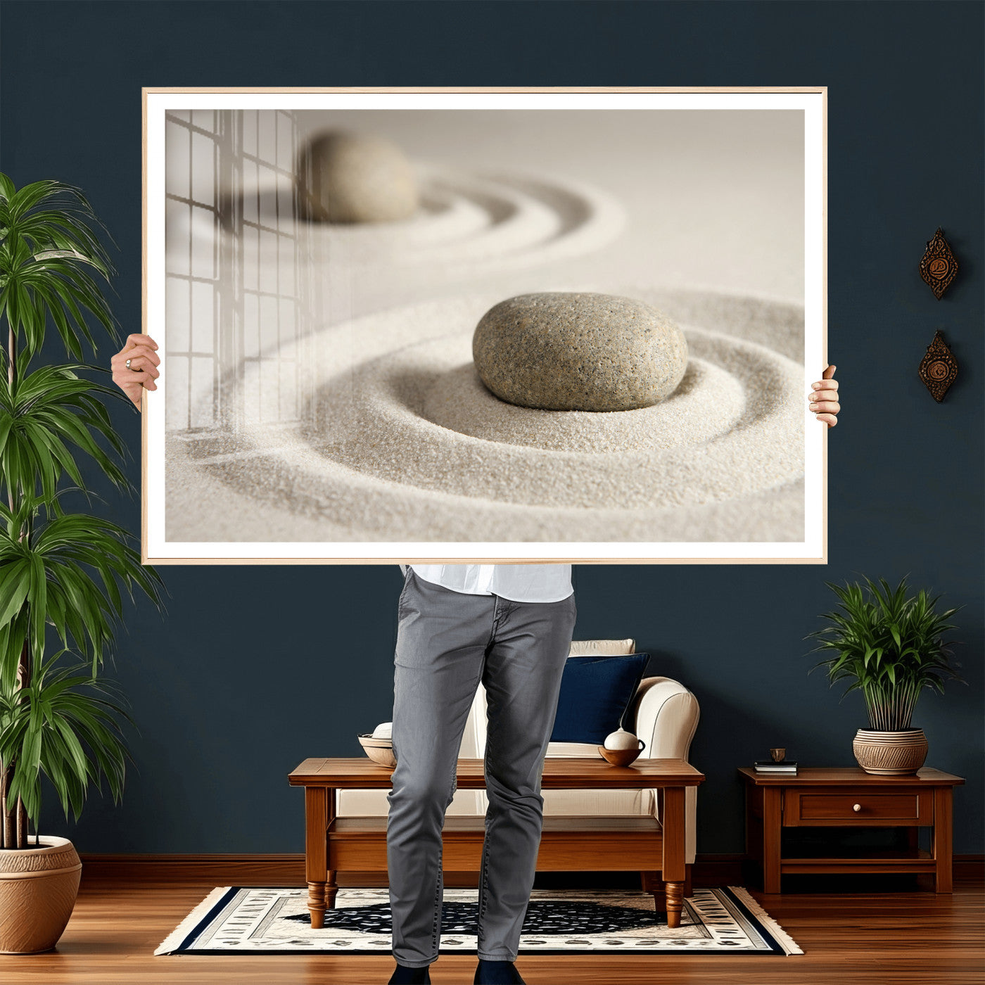 13397966-MGV-CV-36X24 - Zen Garden Stone Sand Canvas | Japanese Rock Garden Wall Art | Minimalist Meditation Print | Neutral Beige Mindfulness Decor