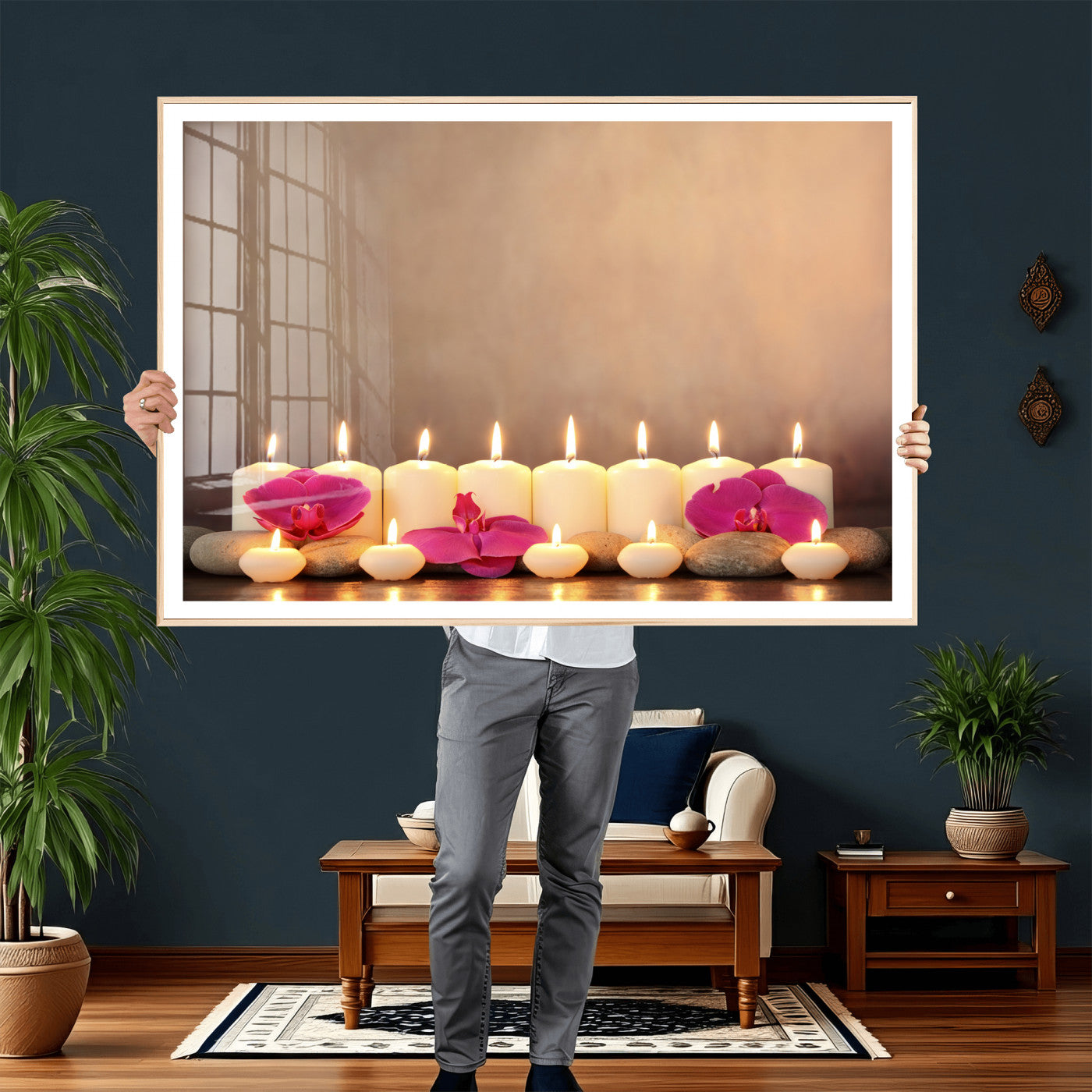 59470569-MGV-CV-36X24 - Spa Candles Orchid Canvas Print | Zen Wellness Relaxation Wall Art | Pink Flower Candlelight Bathroom Decor | Calm Beige Photography