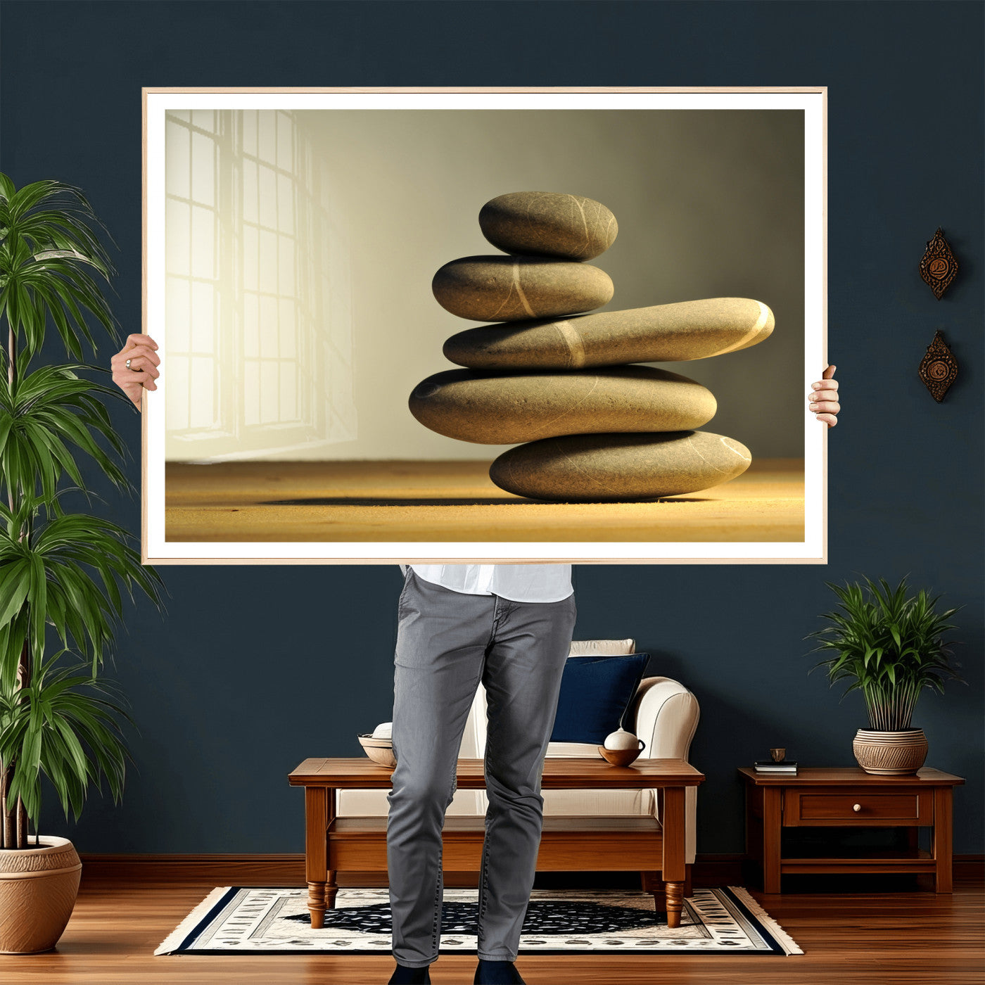 85424263-MGV-CV-36X24 - Zen Stone Wall Art Canvas Print, Balanced Rock Stack Framed Spa Artwork, Minimalist Meditation Decor for Living Room Bedroom Office Bathroom