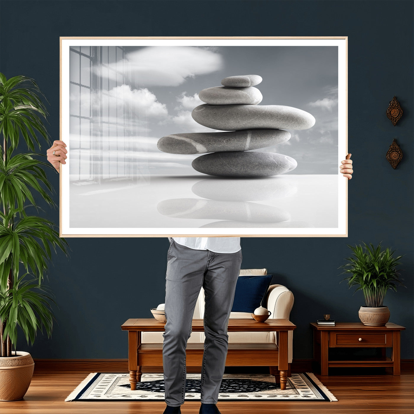 86426188-MGV-CV-36X24 - Zen Stone Wall Art Canvas Print, Balanced Rock Stack Framed Spa Artwork, Minimalist Meditation Decor for Living Room Bedroom Office Bathroom