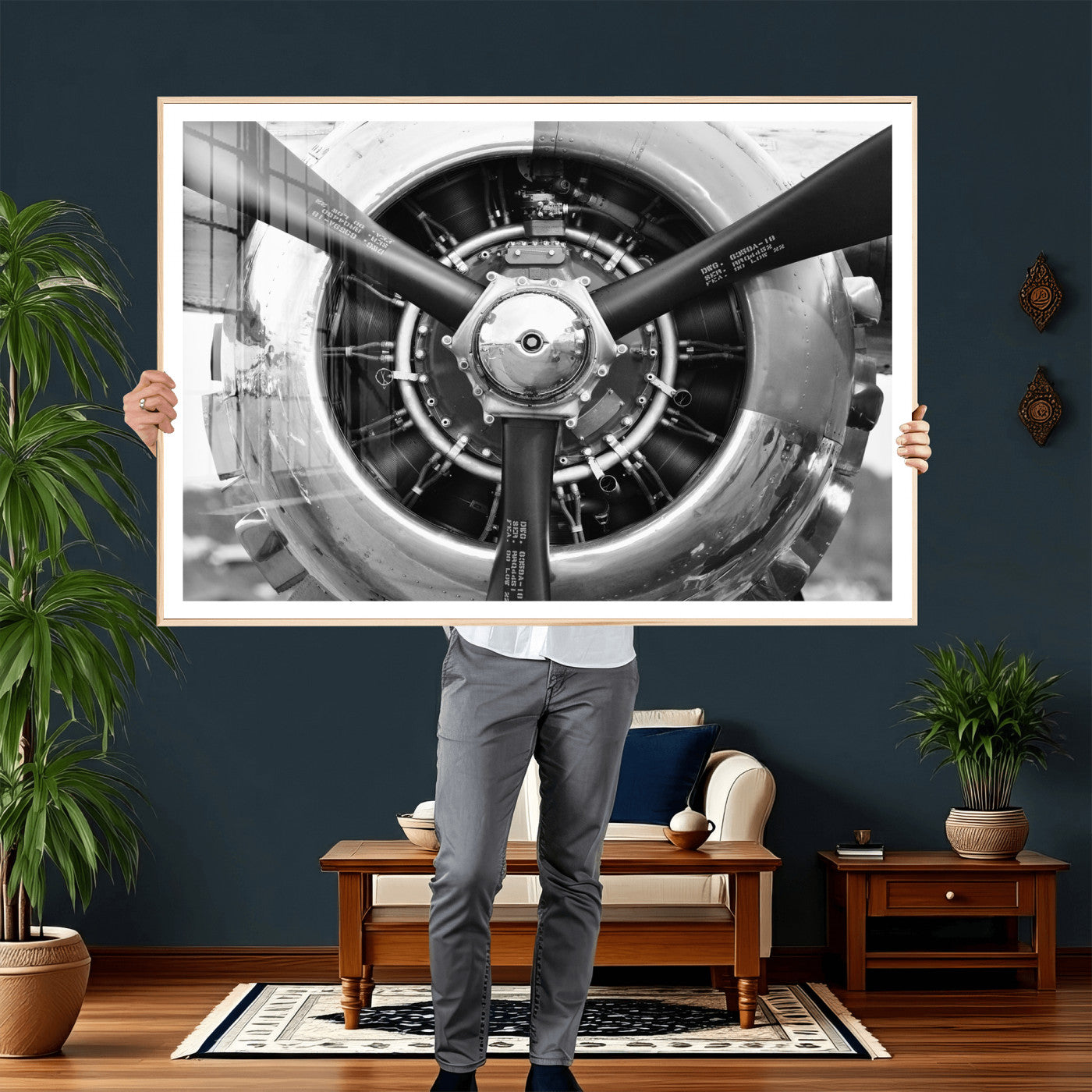 73322230-MGV-CV-36X24 - Vintage Propeller Plane Wall Art Canvas Print, Black and White Airplane Engine Close Up Framed Aviation Artwork for Pilot Office Hangar Decor