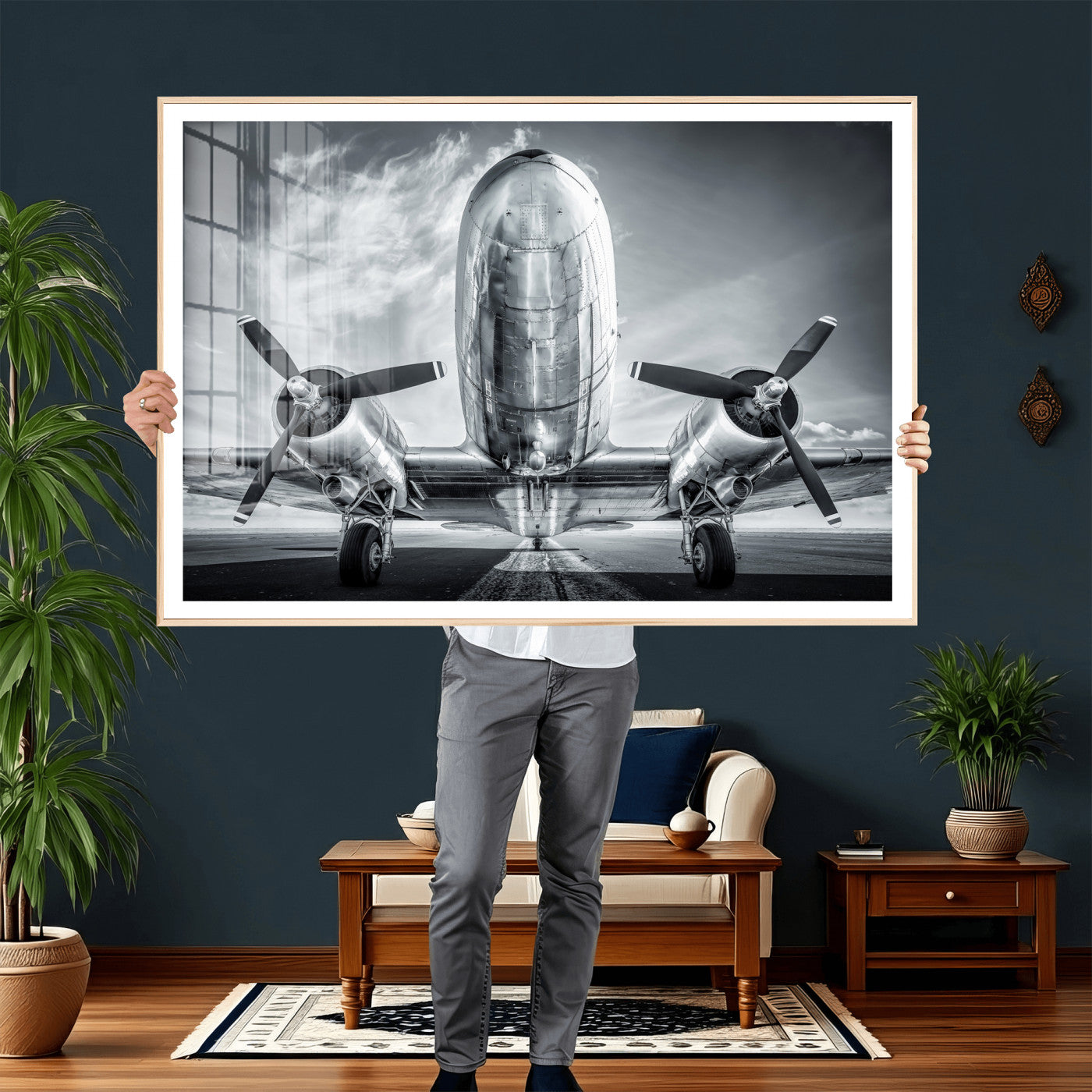 59729636-MGV-CV-36X24 - Vintage Propeller Plane Wall Art Canvas Print, Black and White Airplane Engine Close Up Framed Aviation Artwork for Pilot Office Hangar Decor
