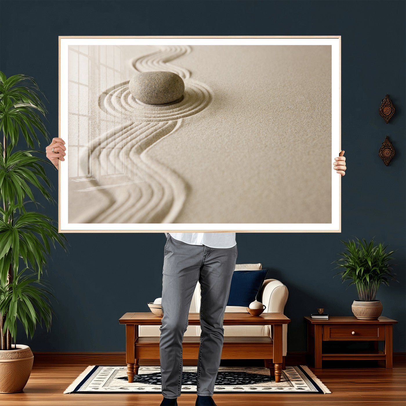 66852661-MGV-CV-36X24 - Zen Garden Stone Sand Canvas | Japanese Rock Garden Wall Art | Minimalist Meditation Print | Neutral Beige Mindfulness Decor
