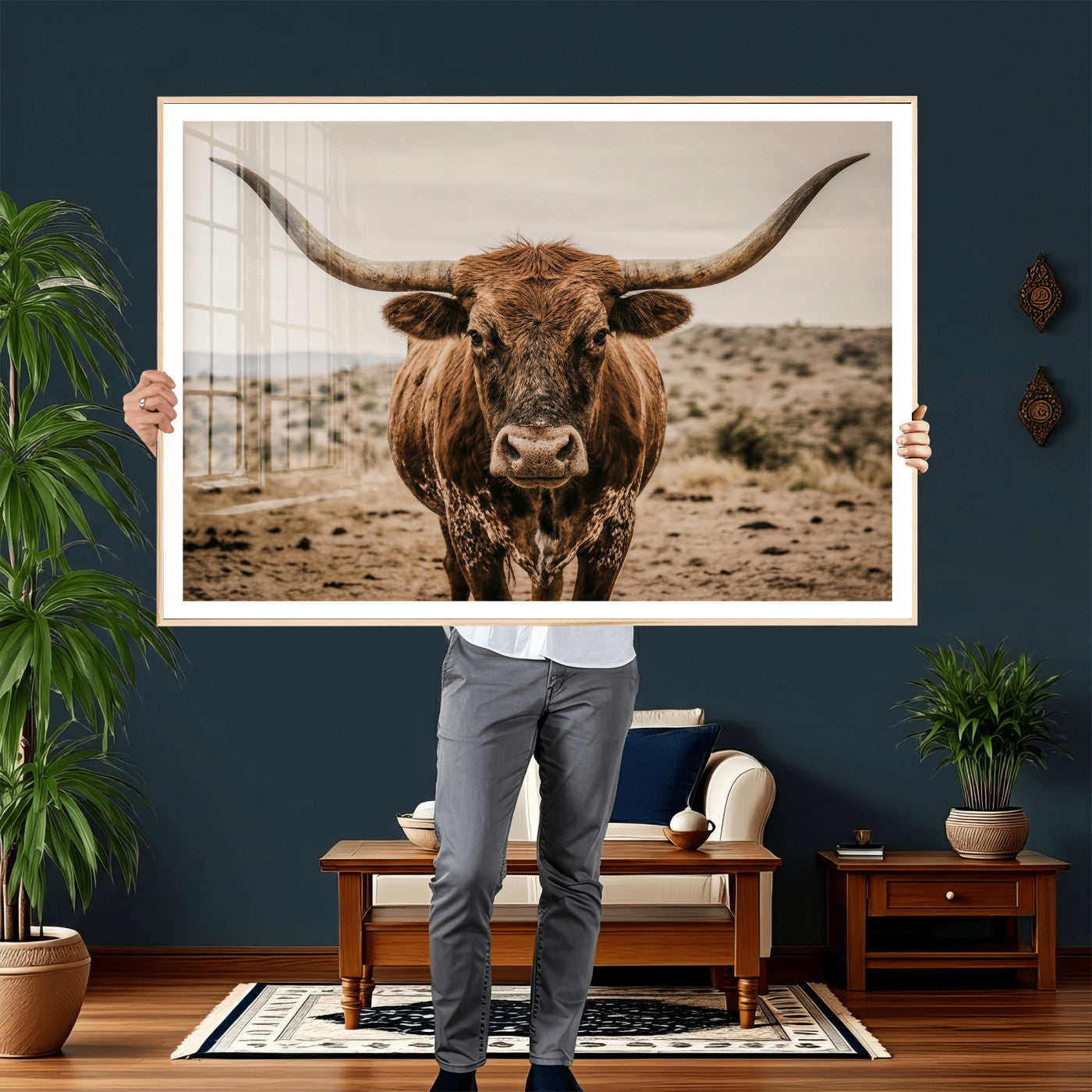 17622011K-MGV-CV-36X24 - Texas Longhorn Bull Wall Art Canvas Print, Western Farmhouse Cowboy Decor, Rustic Texas Ranch Cattle Artwork for Living Room Bedroom Office, Framed Wall Decor