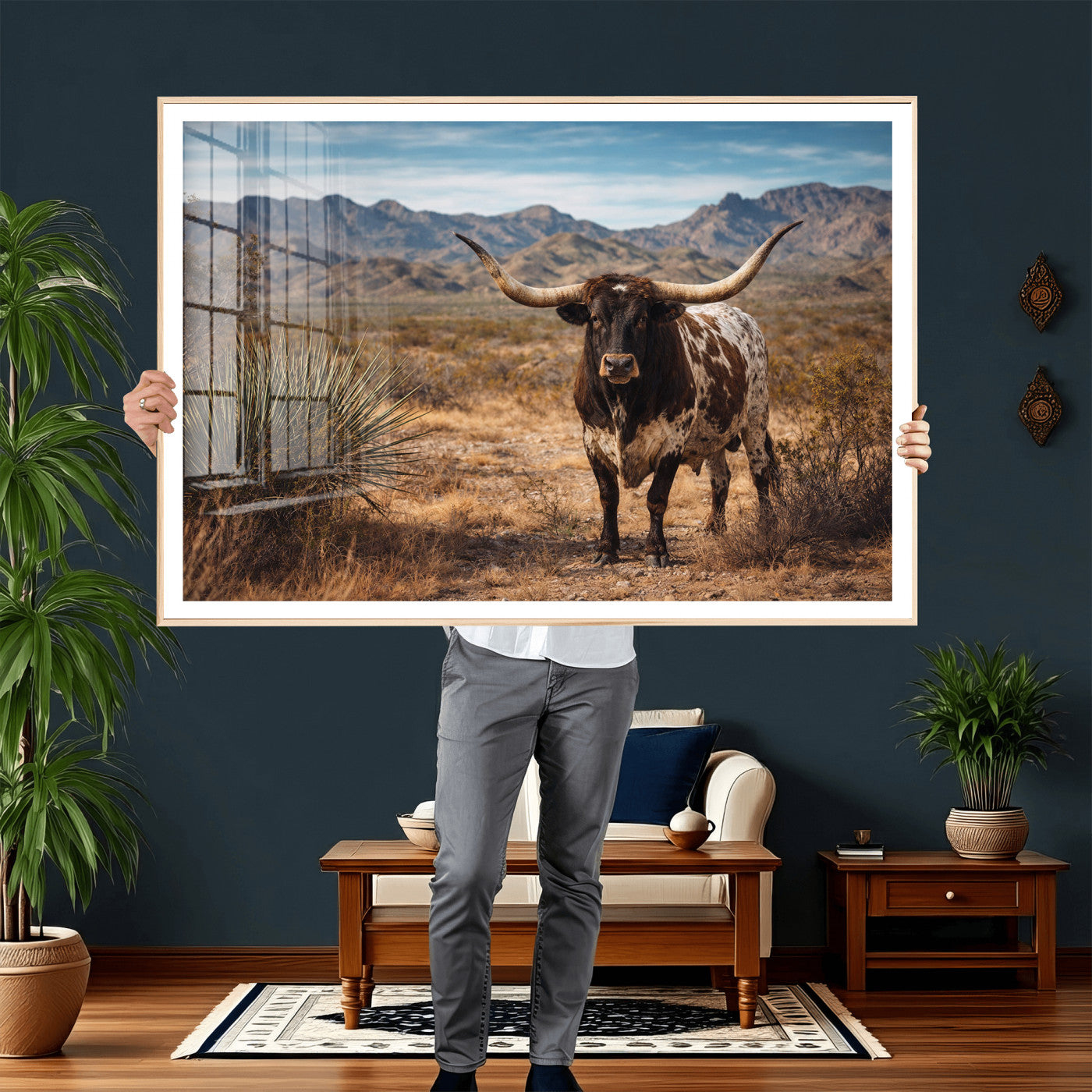 17622011S-MGV-CV-36X24 - Texas Longhorn Bull Wall Art Canvas Print, Western Farmhouse Cowboy Decor, Rustic Texas Ranch Cattle Artwork for Living Room Bedroom Office, Framed Wall Decor