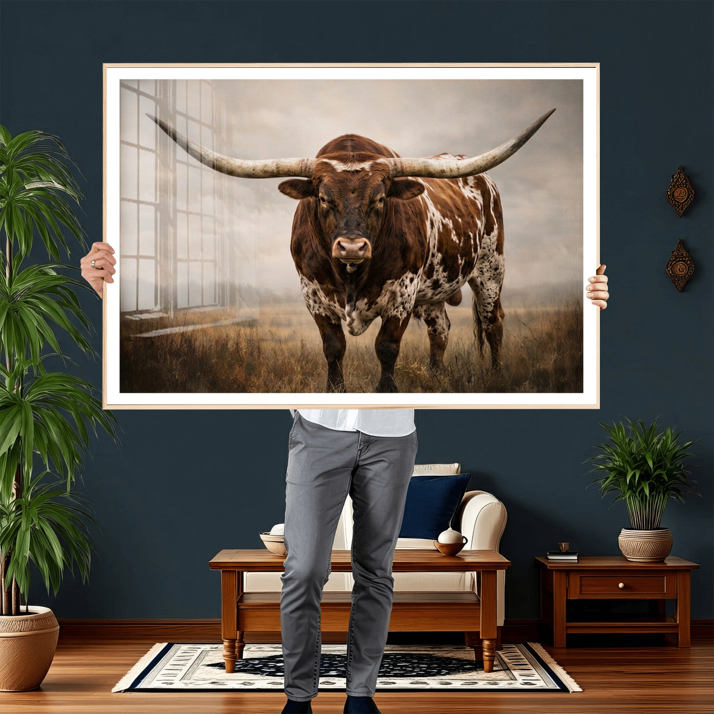 25239047-MGV-CV-36X24 - Texas Longhorn Canvas Wall Art Western Bull Desert Moody Grey Overcast Rustic Farmhouse Framed Large for Living Room Bedroom Office Decor