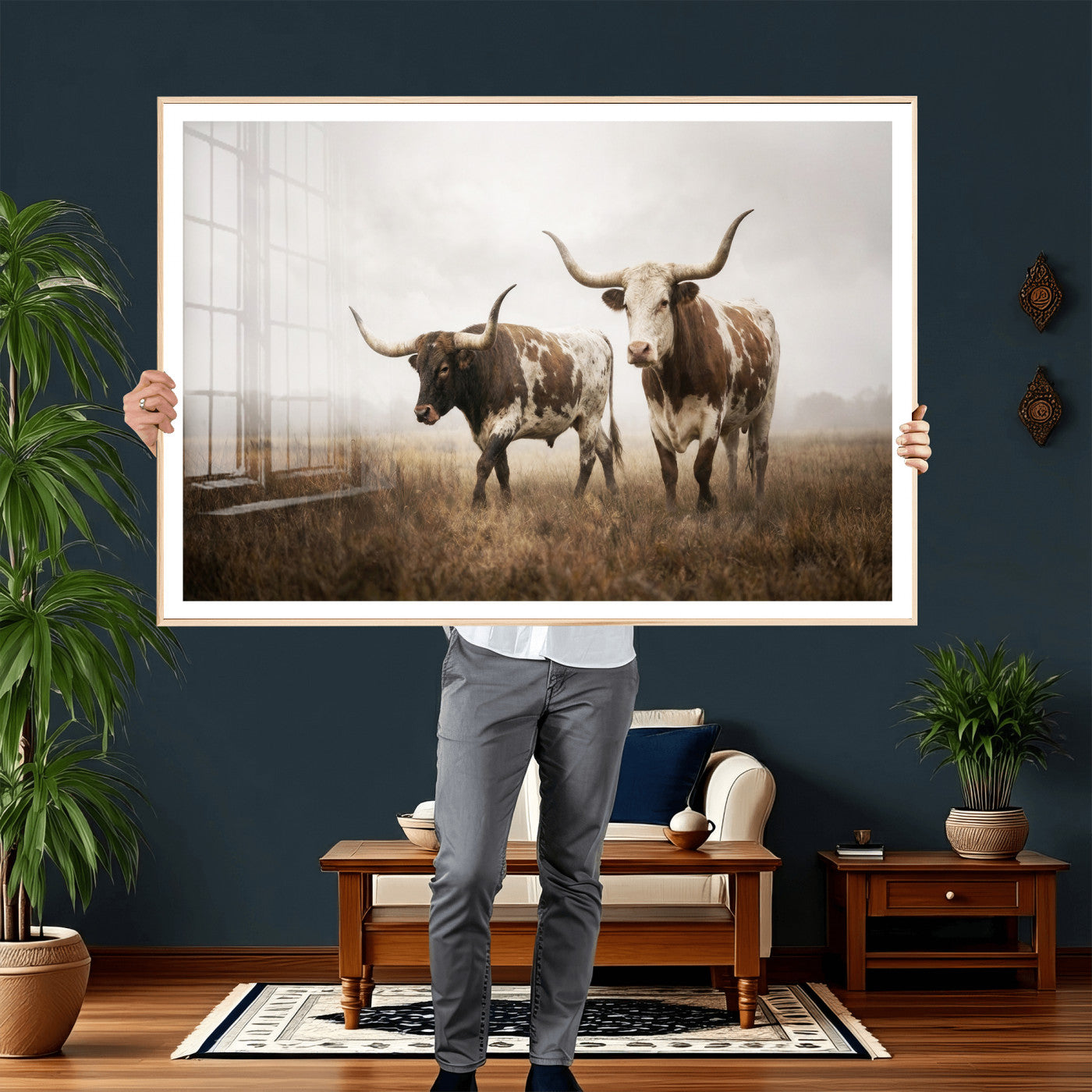 92881702-MGV-CV-36X24 - Texas Longhorn Canvas Wall Art Western Bull Desert Moody Grey Overcast Rustic Farmhouse Framed Large for Living Room Bedroom Office Decor