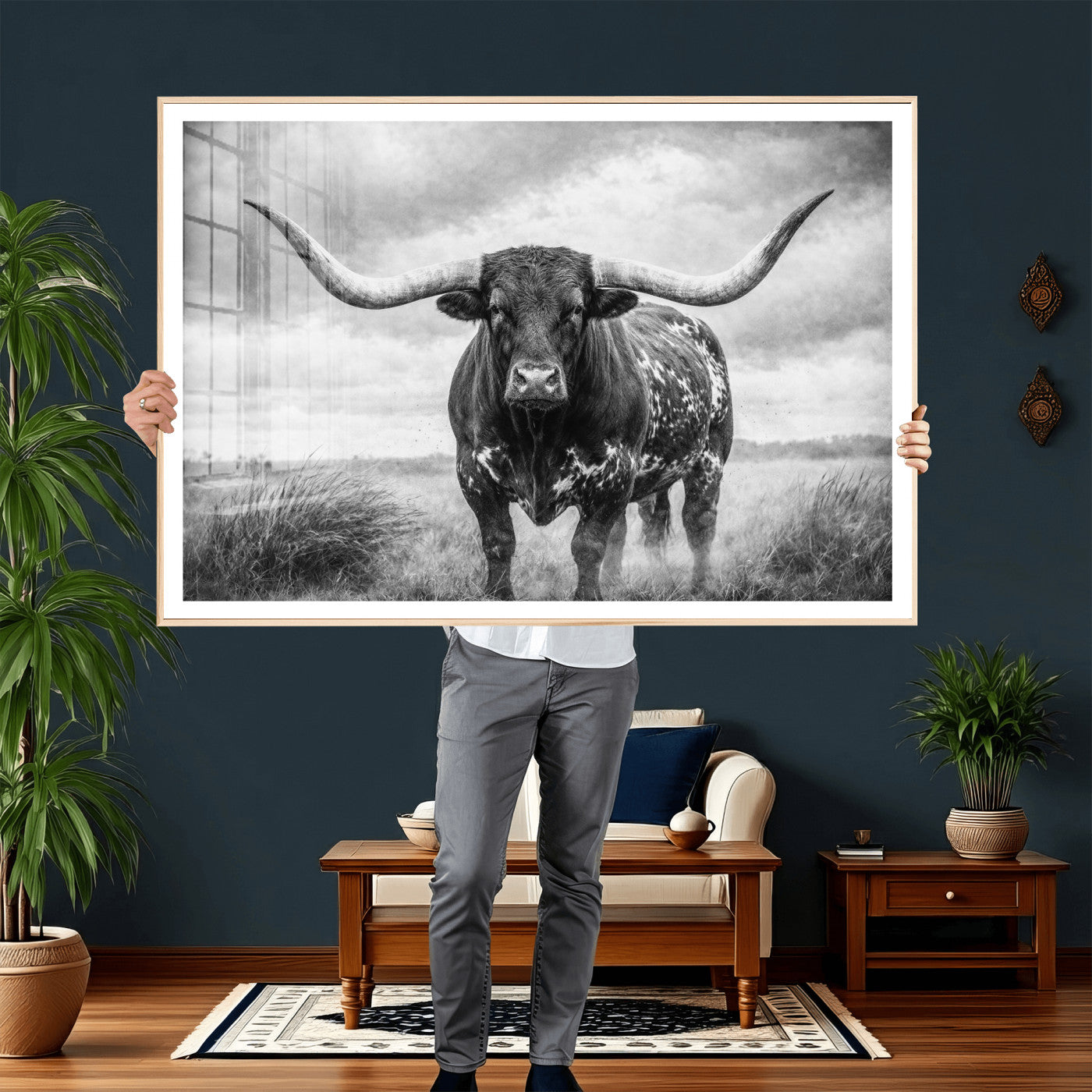 19951238-MGV-CV-36X24 - Texas Longhorn Canvas Wall Art Western Bull Desert Moody Grey Overcast Rustic Farmhouse Framed Large for Living Room Bedroom Office Decor
