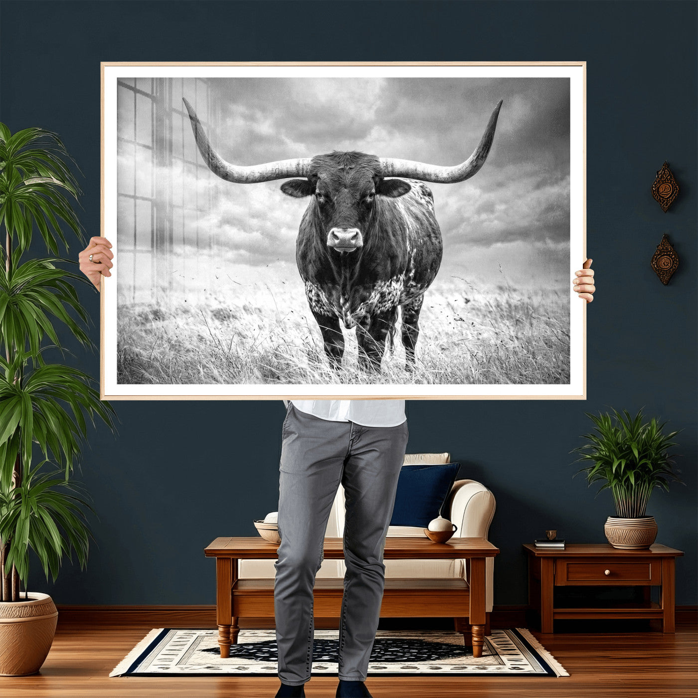 63336115-MGV-CV-36X24 - Texas Longhorn Canvas Wall Art Western Bull Desert Moody Grey Overcast Rustic Farmhouse Framed Large for Living Room Bedroom Office Decor