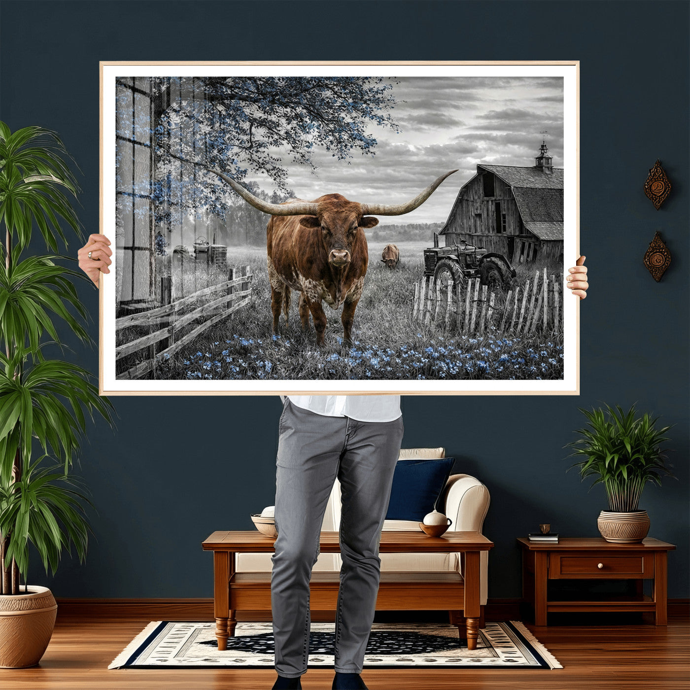19366343-MGV-CV-36X24 - Texas Longhorn Canvas Wall Art, Rustic Farm Barn Bluebonnet Photography Print, Farmhouse Country Decor, Western Ranch Art, Old Truck Tractor Print