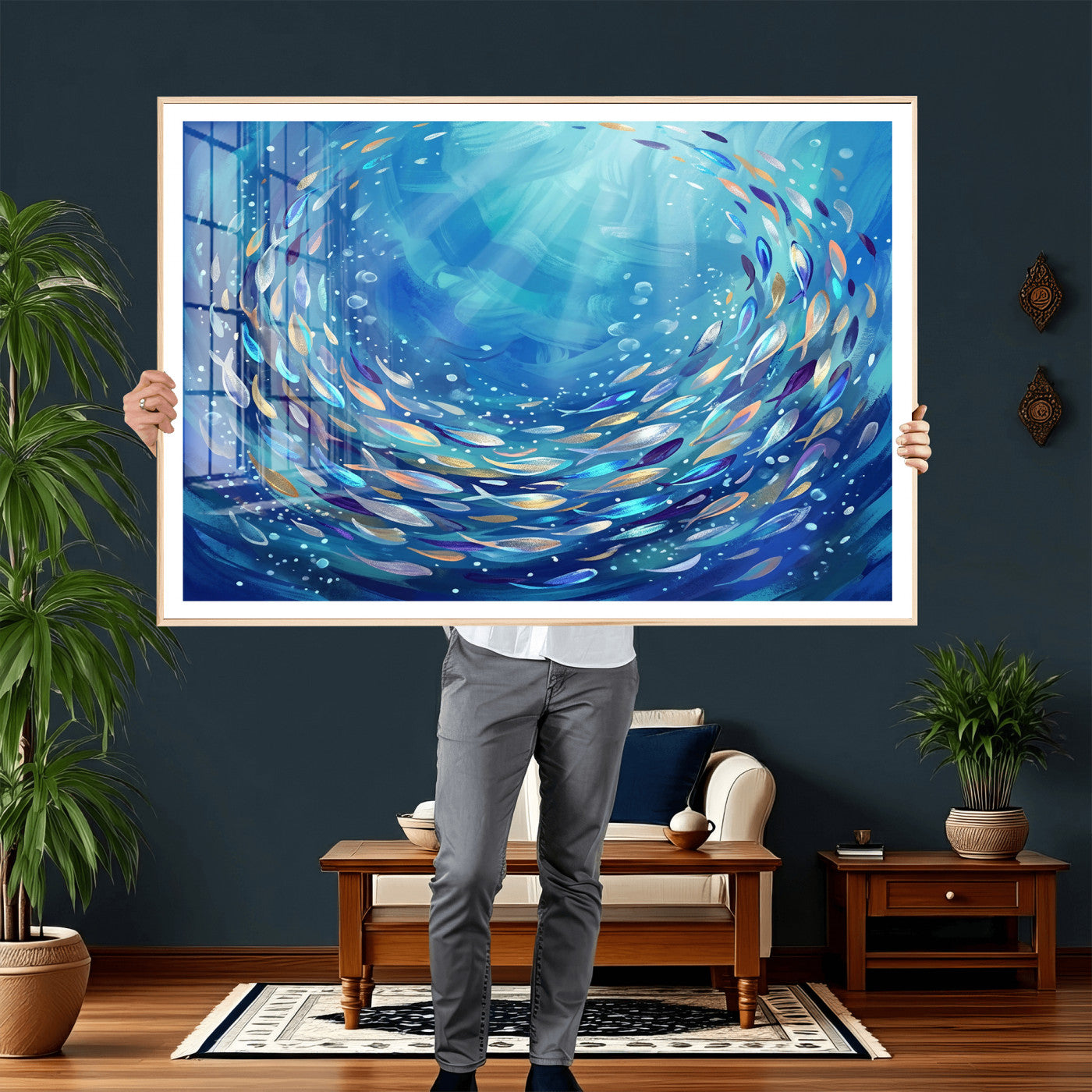 78699899-MGV-CV-36X24 - School of Fish Canvas Print | Blue Ocean Underwater Wall Art | Swirling Fish Shoal Illustration | Marine Navy Coastal Decor