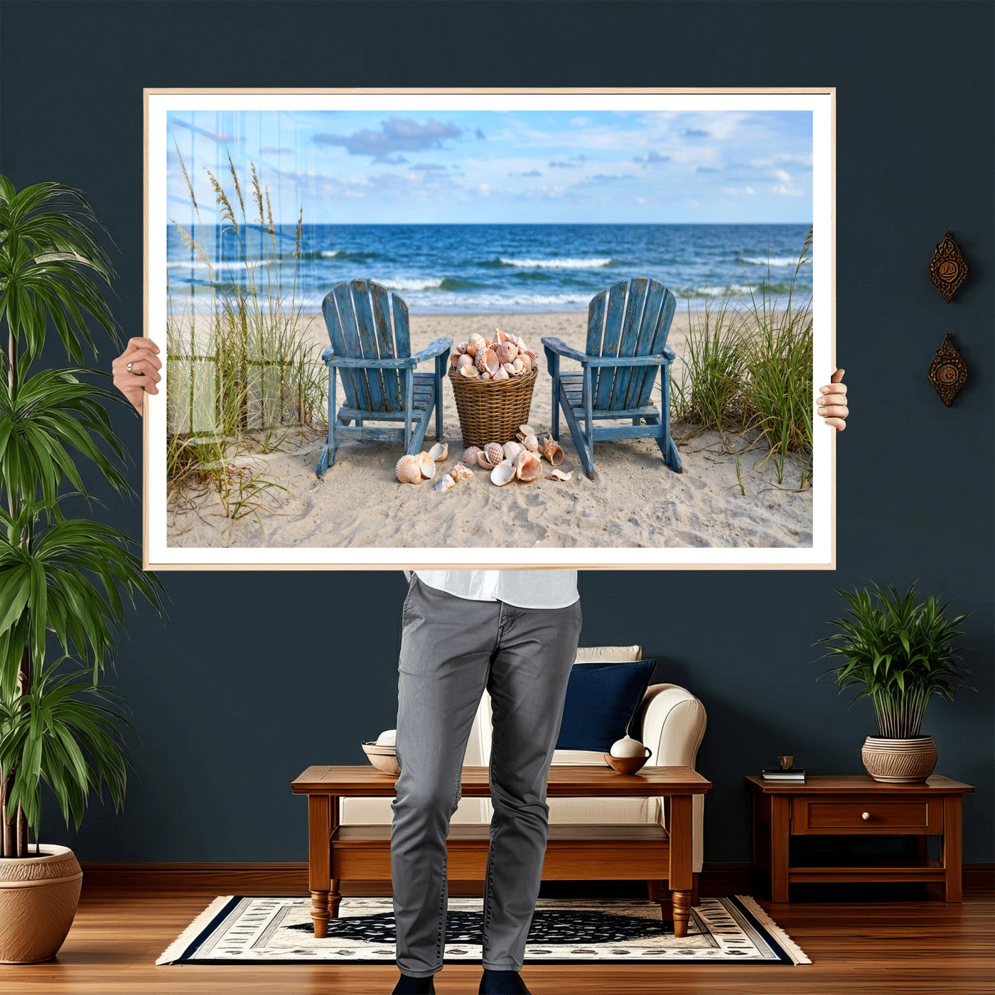 80268829-MGV-CV-36X24 - Large Beach Canvas Wall Art Coastal Adirondack Chairs Ocean Seashells Blue Nautical Framed Large for Living Room Bedroom Bathroom Decor
