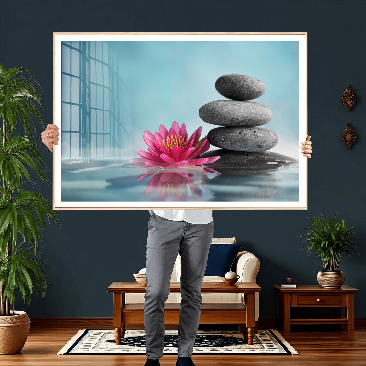 84293154-MGV-CV-36X24 - Zen Canvas Wall Art Lotus Flower Stacked Stones Teal Spa Meditation Relaxation Framed Large for Bathroom Bedroom Living Room Office Decor
