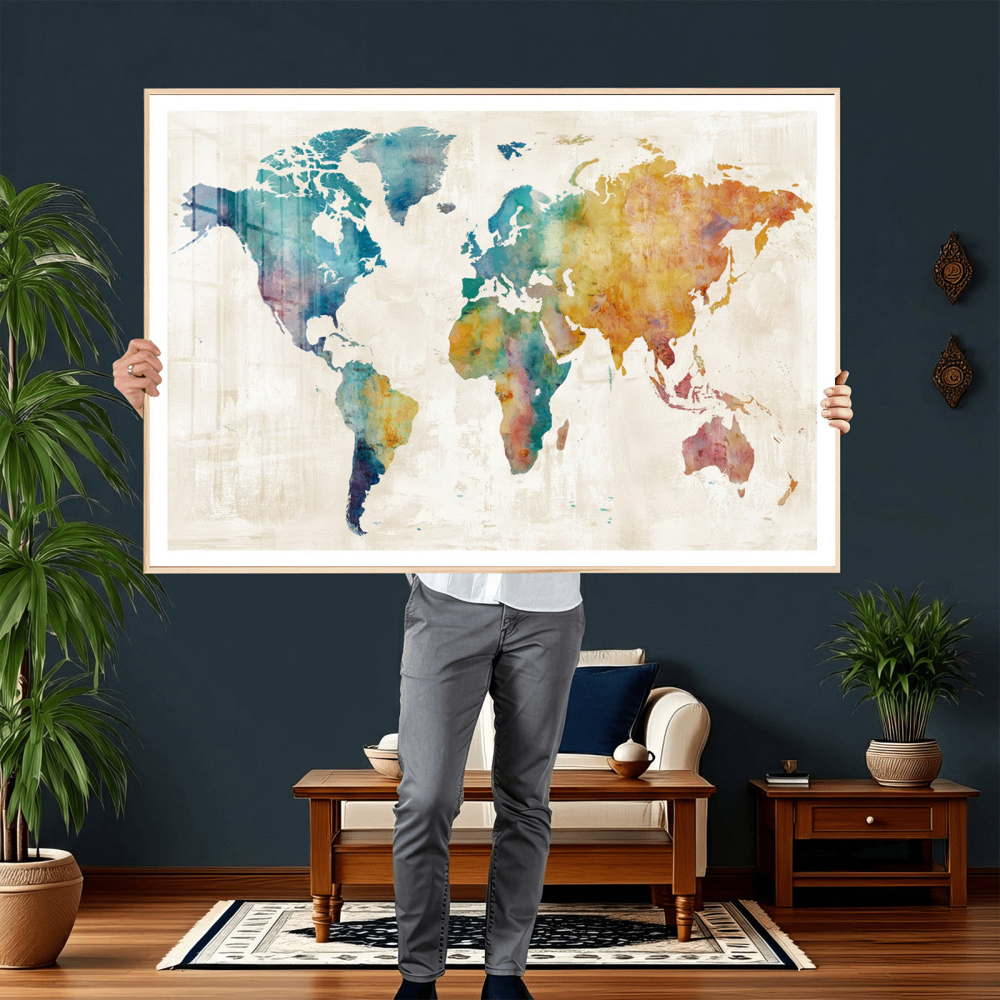 56556018-MGV-CV-36X24 - Watercolor World Map Canvas Wall Art Print – Abstract Colorful Travel Wall Decor