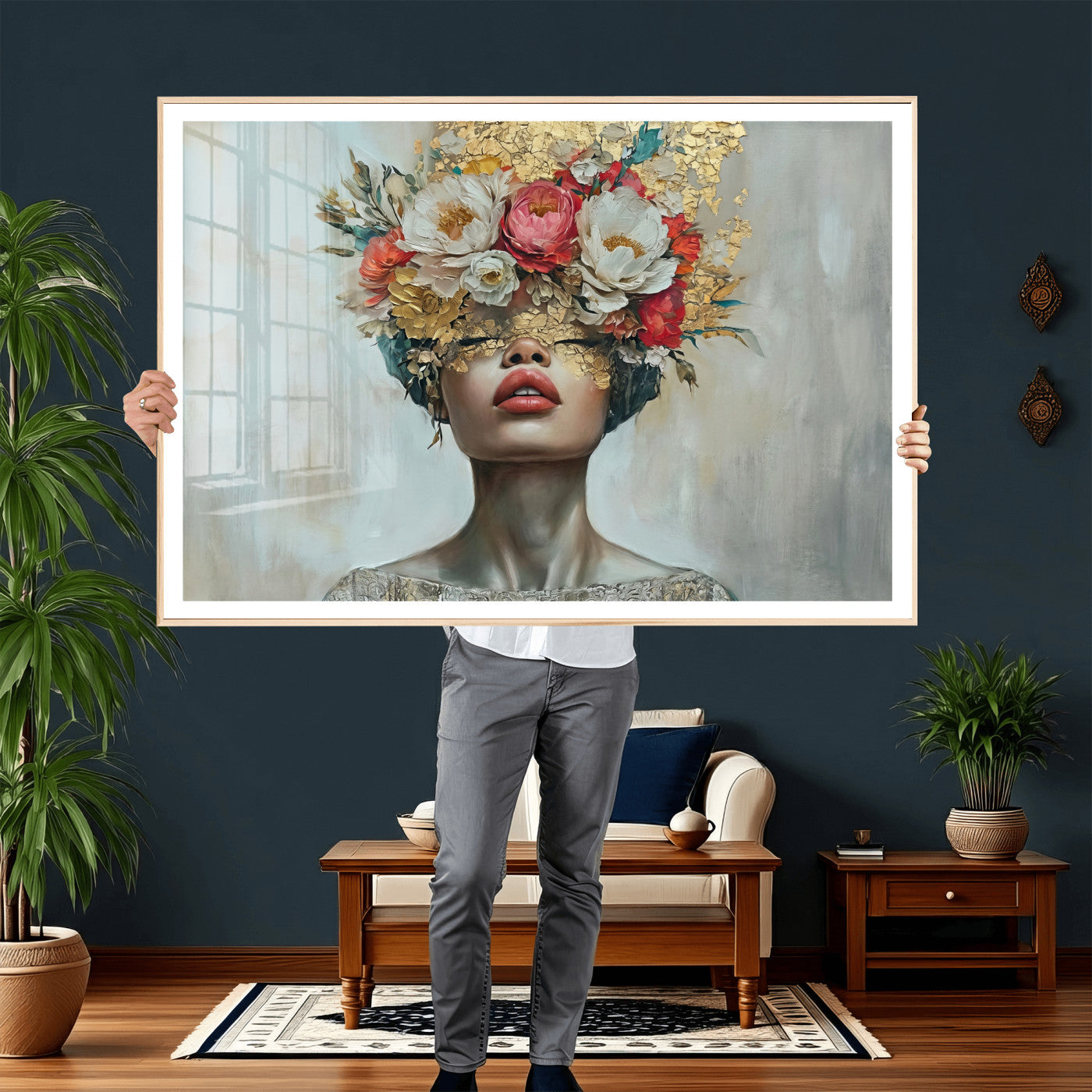 26919-MGV-CV-36X24 - Golden Petal Wall Art Canvas Print - Silhouette Woman Wall Art Canvas Print, Floral Woman Portrait