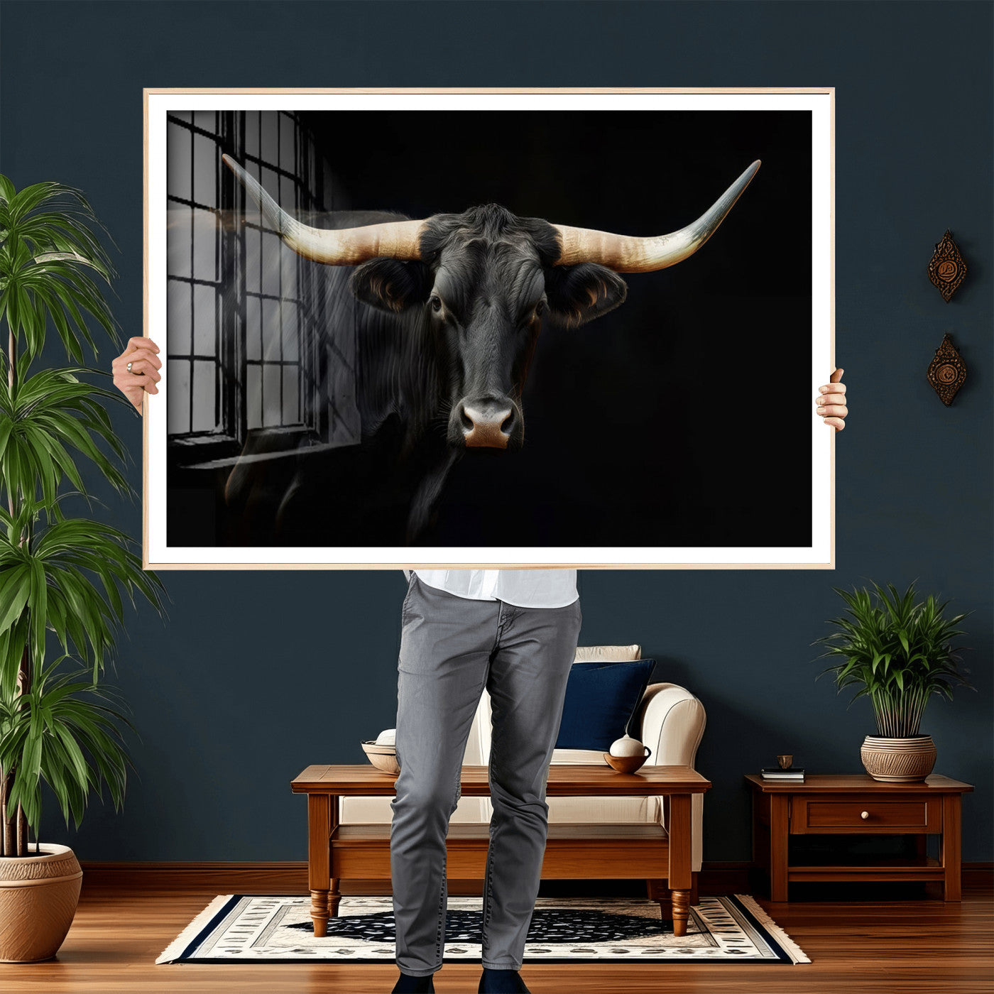 63798-MGV-CV-36X24 - Texas Longhorn Cow | Majestic Black Bull Wall Art Canvas Print - Farmhouse Animal Decor - Ready to