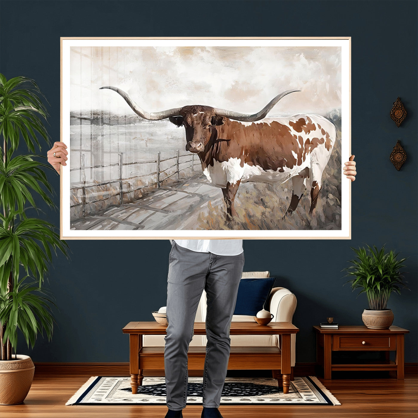 57340-MGV-CV-36X24 - Vintage Texas Cow Wall Art Canvas Print, Rustic Longhorn Wall Art | Canvas Print for Farmhouse Decor