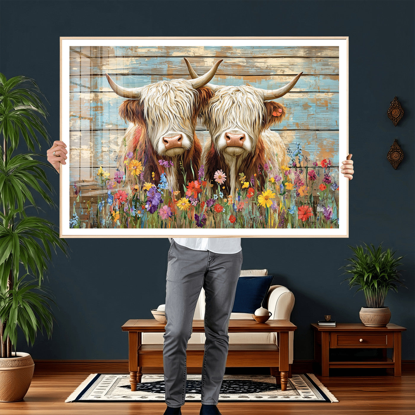 36972-MGV-CV-36X24 - Cute Highland Cow Canvas Wall Art - Rustic Farmhouse Decor with Colorful Flowers Perfect Wall Art