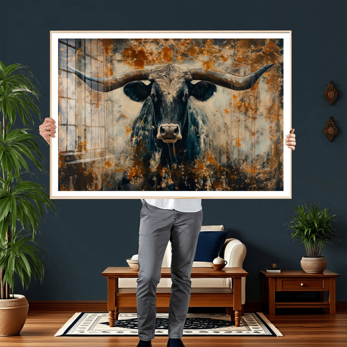 85913-MGV-CV-36X24 - Abstract Longhorn Bull Wall Art | Rustic Western Wall Decor | Framed and Ready to Hang | Ideal for