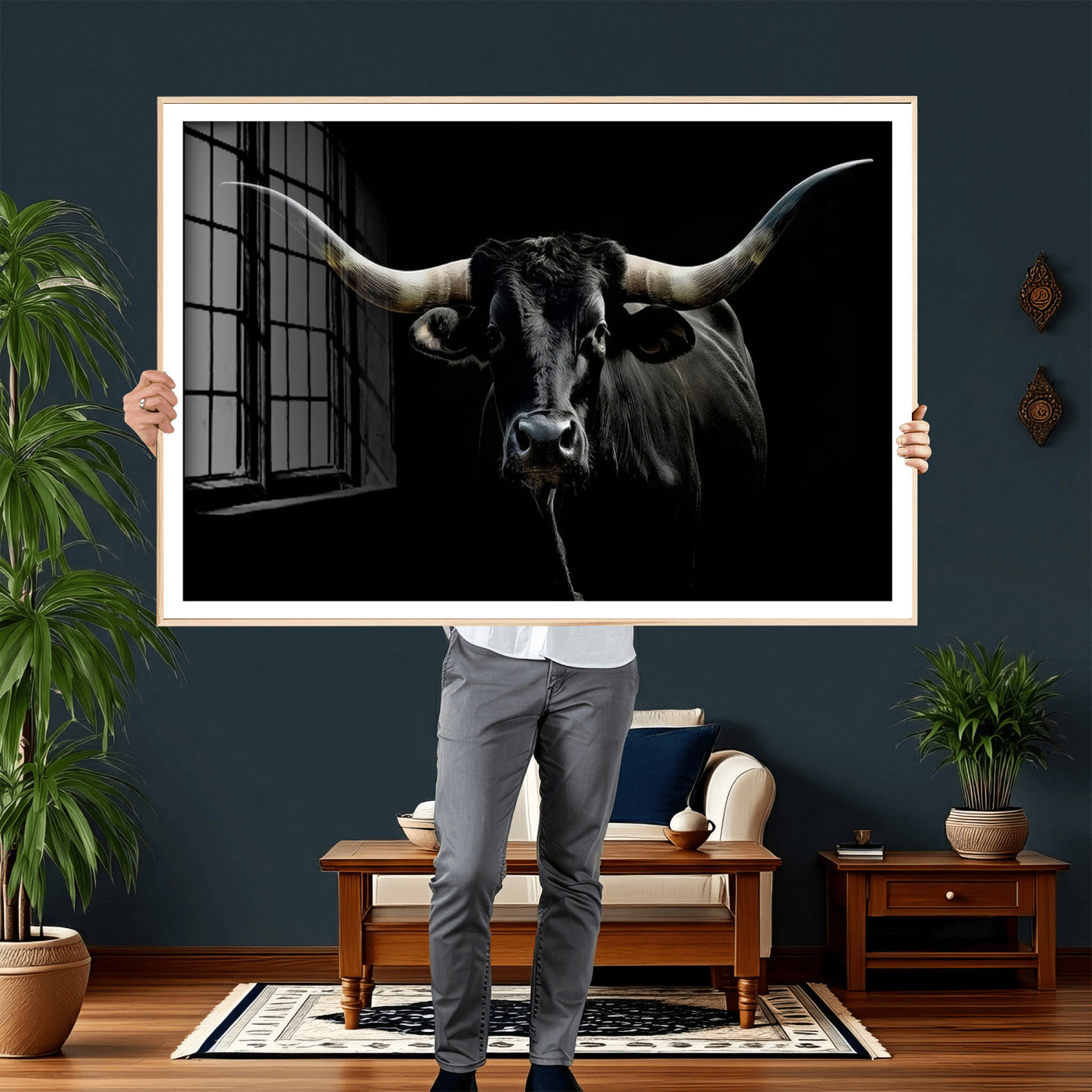 20679-MGV-CV-36X24 - Texas Black Longhorn Bull Wall Art Canvas Print - Western Texas Cattle Rustic Decor Print - Longhorn