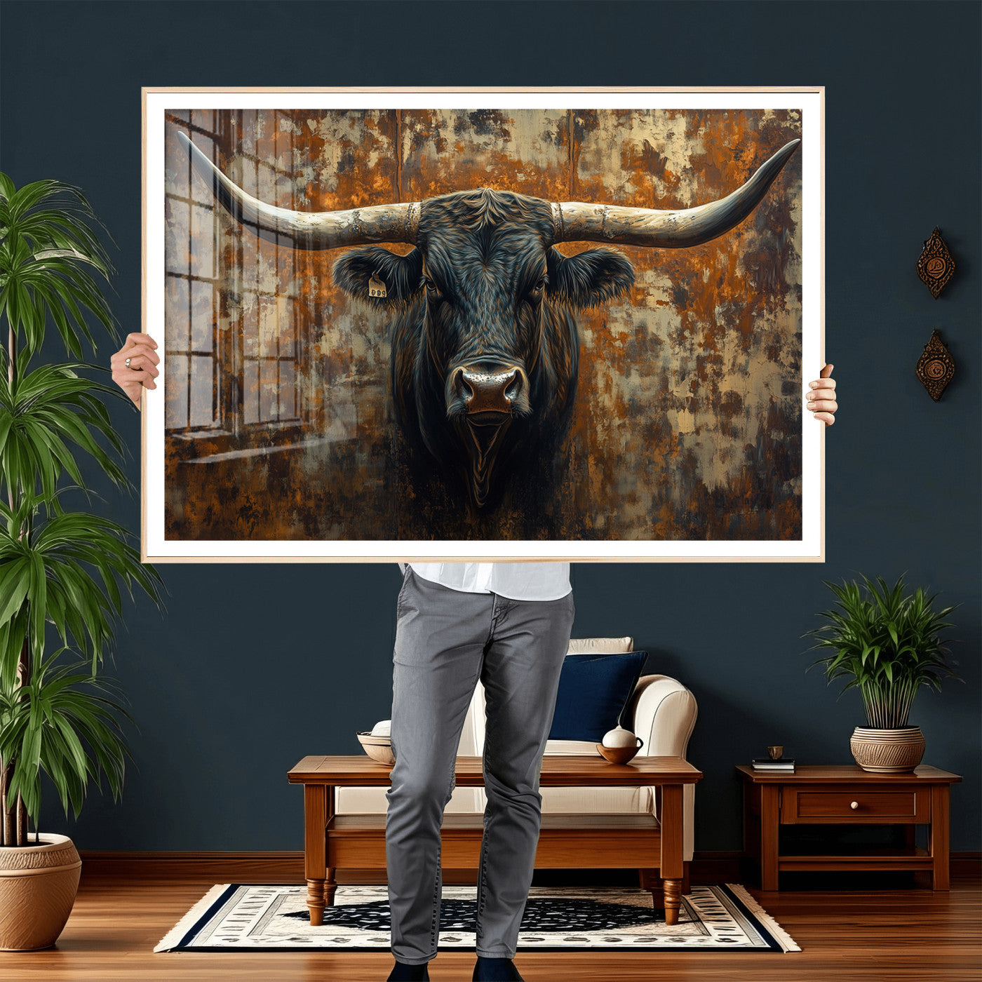 68068-MGV-CV-36X24 - Longhorn Texas Cow Bull Wall Art | Rustic Farmhouse Canvas Print | Ready to Hang Barn Decor for