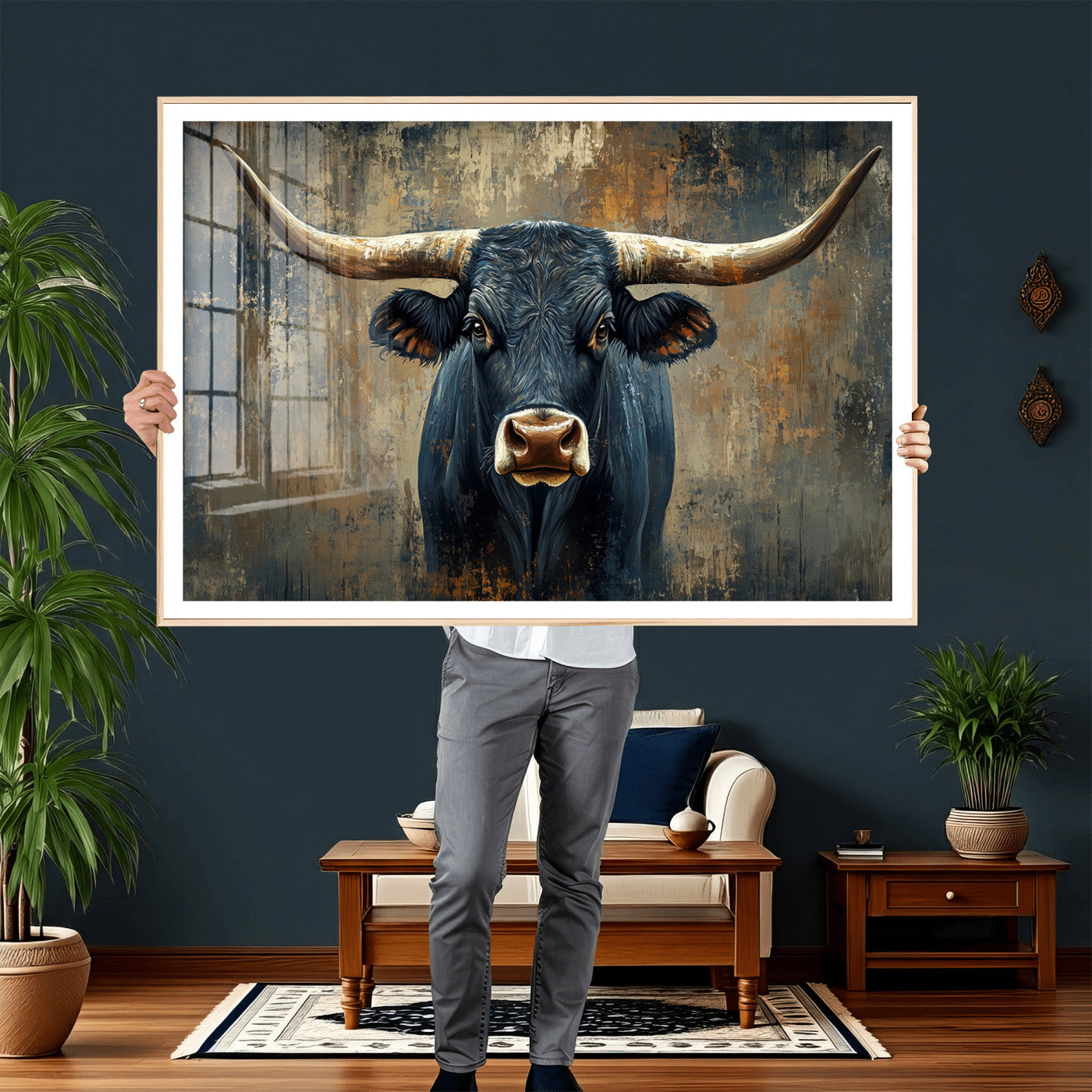 42026-MGV-CV-36X24 - Texas Western Wall Art Canvas Print - Abstract Cow Longhorn Bull Wall Art Canvas Print - Rustic Cow