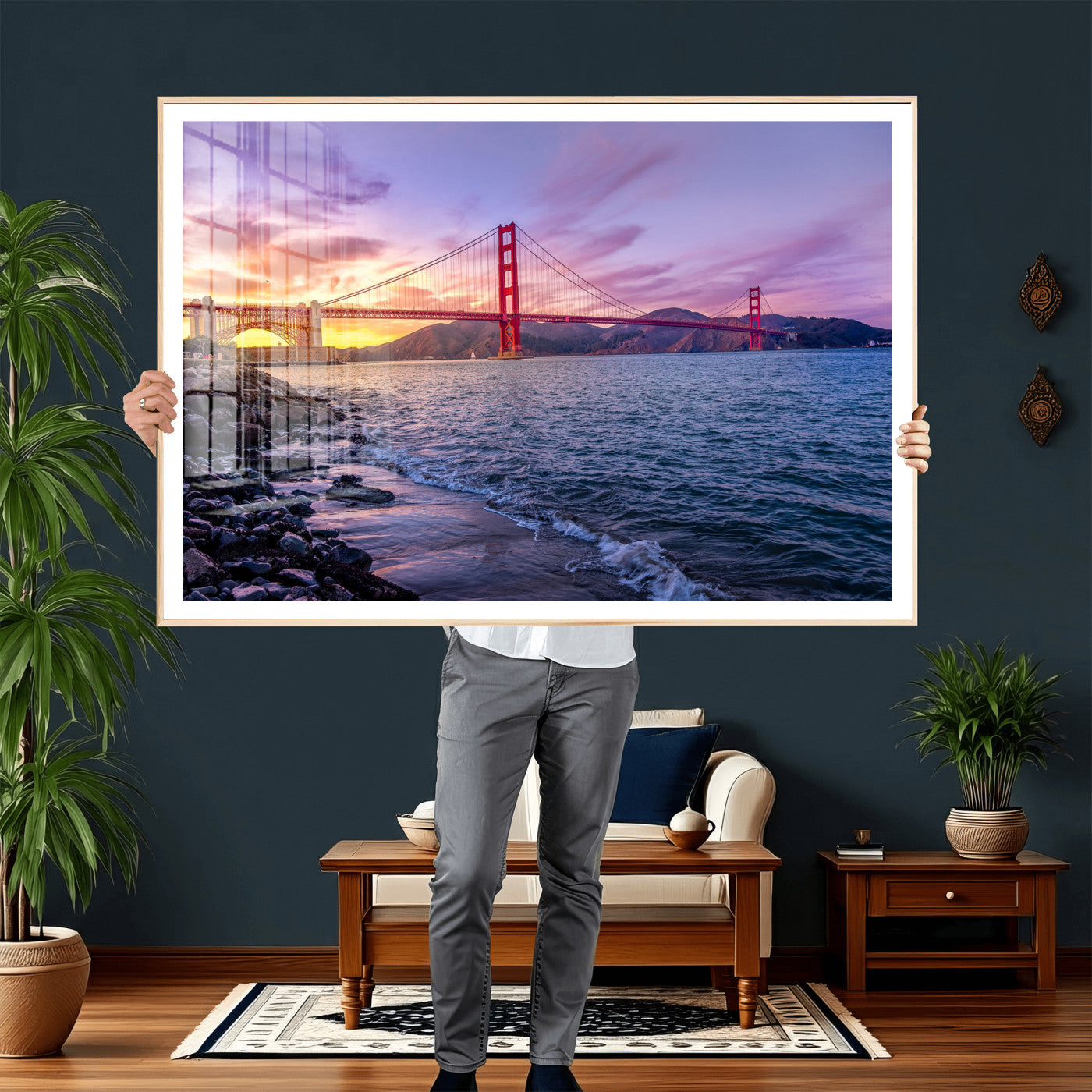 24256-MGV-CV-36X24 - Golden Gate Bridge Wall Art Print, San Francisco Sunset Canvas Wall Art, Cityscape Canvas Print for
