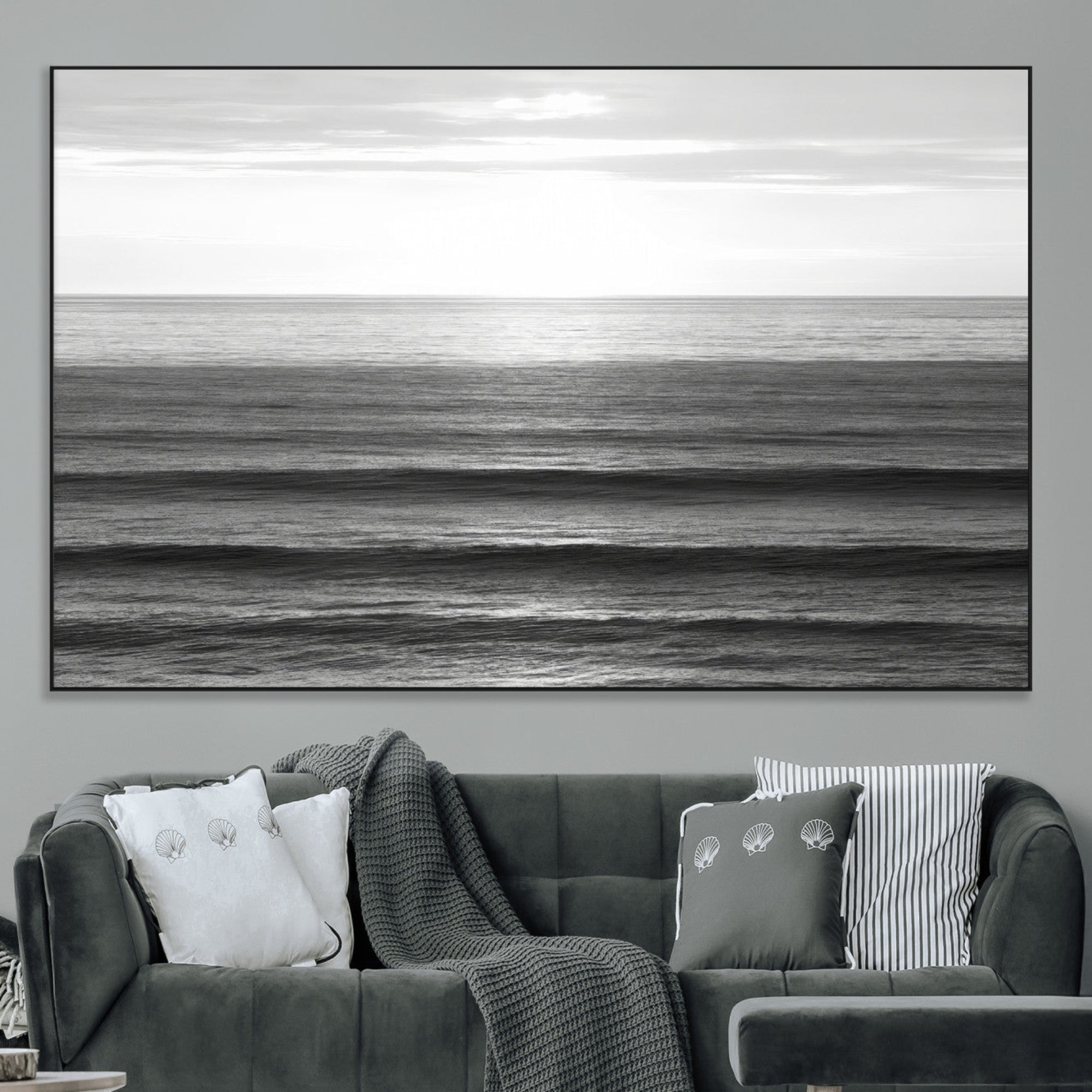 47305203-MGV-CV-36X24-Monochrome Ocean Wall Art Canvas Print – Framed Moody Ocean Art Picture Calm Ocean Artwork for Home Office