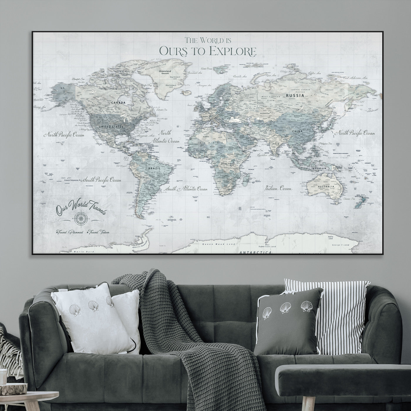 Rehber01-MGV-CV-36X24-Personalized Push Pin World Map Canvas Print – Custom Framed Travel Tracker Wall Art Large Map Artwork for Home, Office