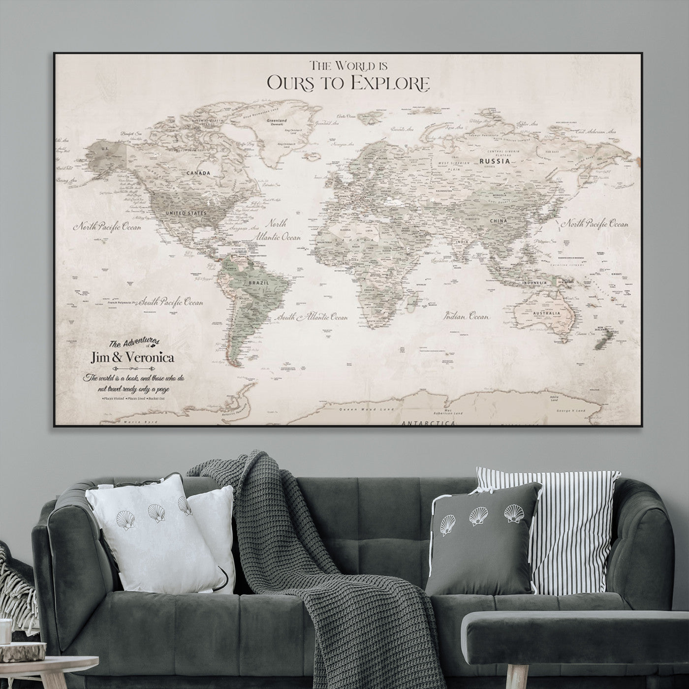 -Personalized Push Pin World Map Wall Art Canvas Print – Custom Framed Travel Tracker Gift for Couples or Family for home, office
