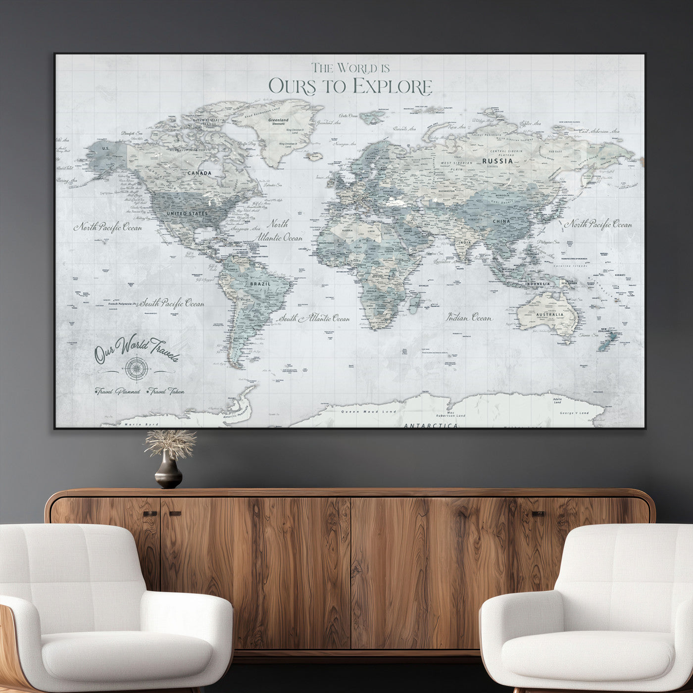 Rehber01-MGV-CV-36X24-Personalized Push Pin World Map Canvas Print – Custom Framed Travel Tracker Wall Art Large Map Artwork for Home, Office