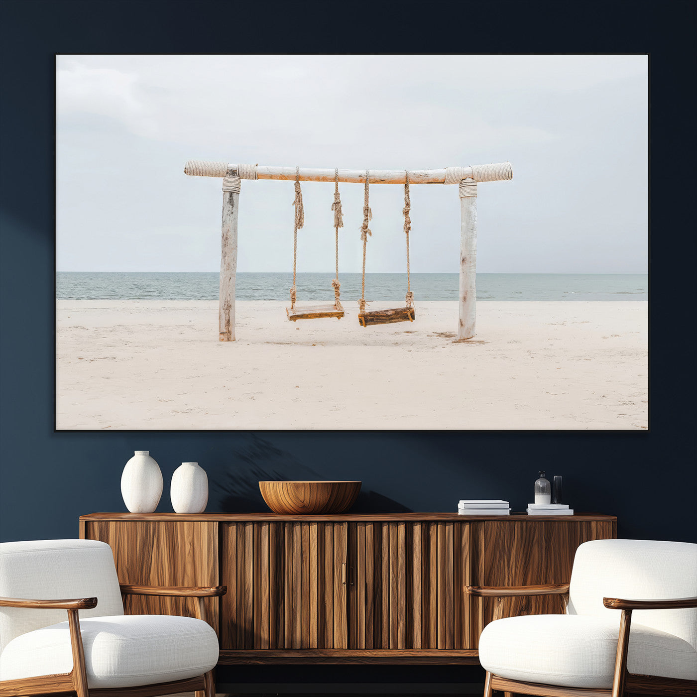 -Beach Swing Wall Art Canvas Print – Framed Quiet Beach Art Picture Calm Shoreline Artwork for Home, Office
