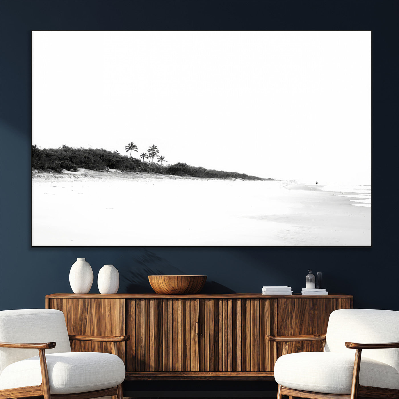 29611516-MGV-CV-36X24-Black White Beach Wall Art Canvas Print – Framed Palm Trees Art Picture Monochrome Tropical Artwork for Home, Office