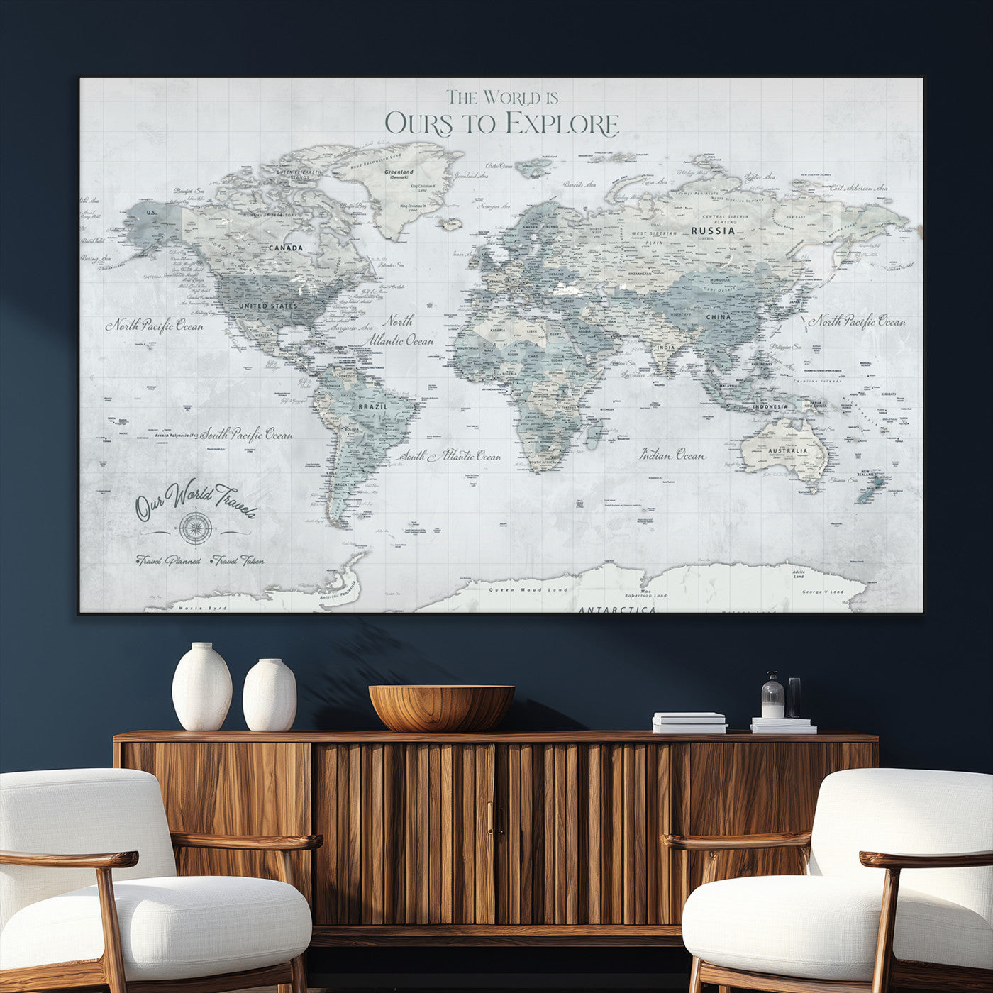 Rehber01-MGV-CV-36X24-Personalized Push Pin World Map Canvas Print – Custom Framed Travel Tracker Wall Art Large Map Artwork for Home, Office