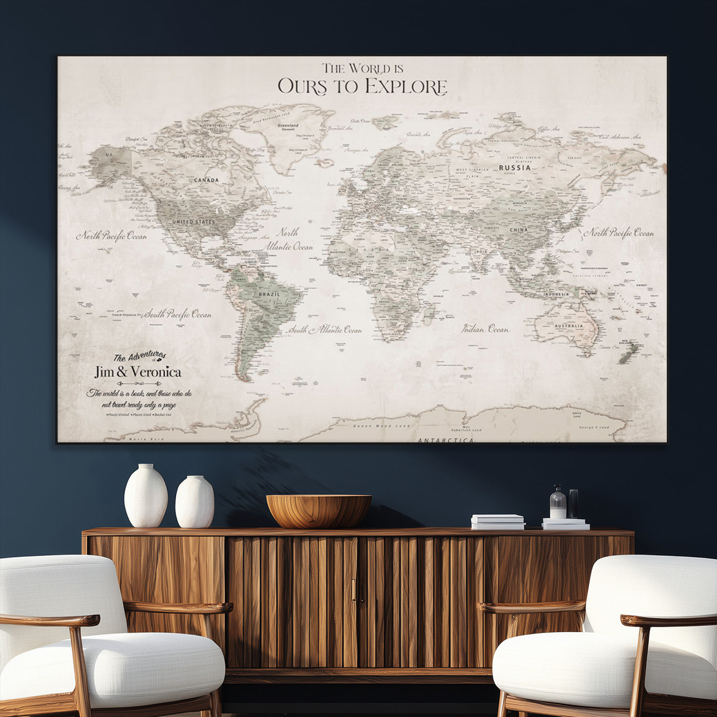 -Personalized Push Pin World Map Wall Art Canvas Print – Custom Framed Travel Tracker Gift for Couples or Family for home, office
