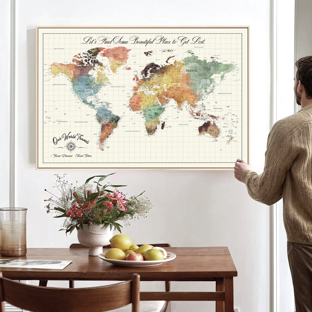 Rehber01-MGV-CV-36X24-Custom Framed World Map Canvas Print Personalized Push Pin Travel Tracker Gift for Couples for Home, Office