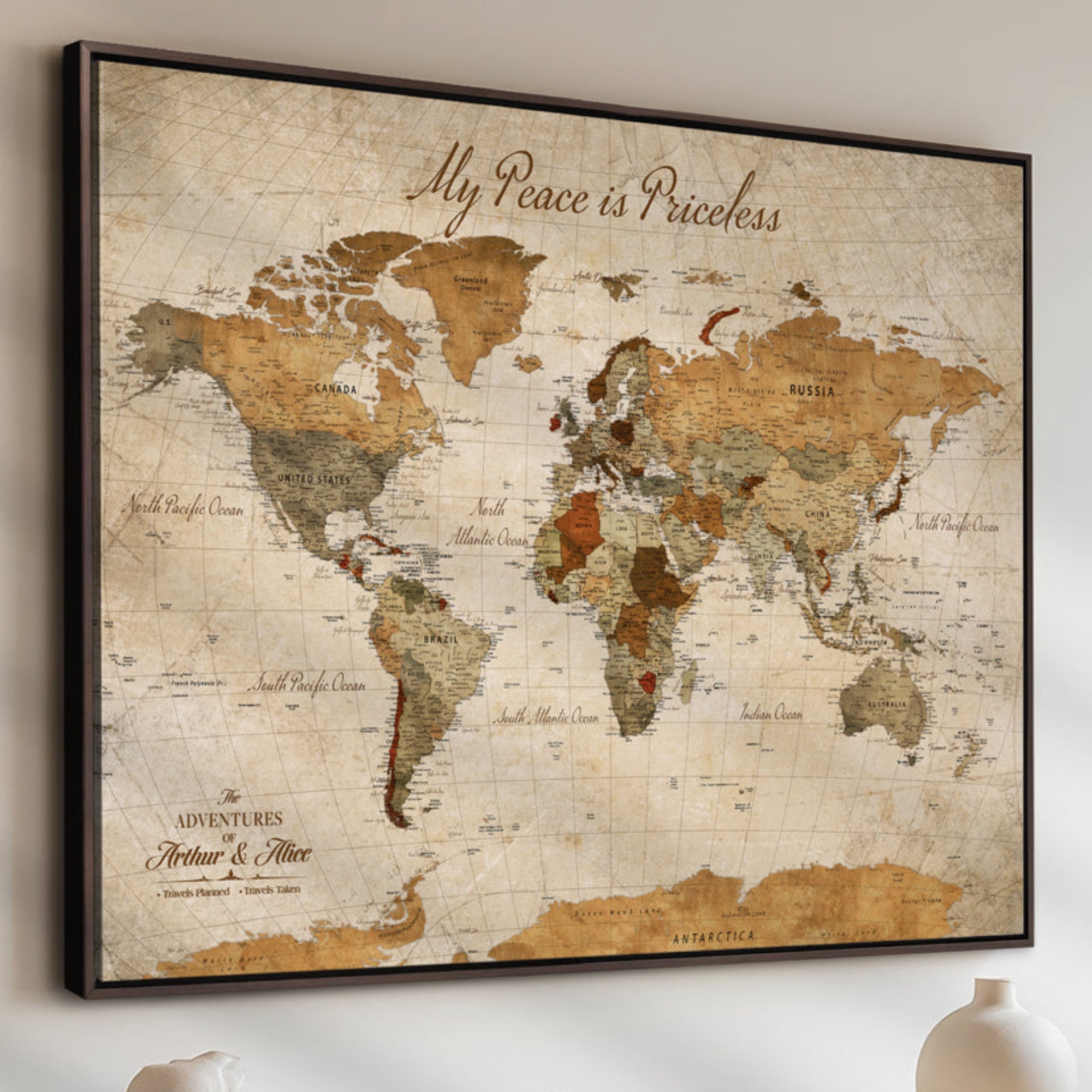Rehber01-MGV-CV-36X24-Personalized Push Pin World Map Canvas – Custom Framed Travel Tracker Wall Art, Large Adventure Map with Pins for Home, Office