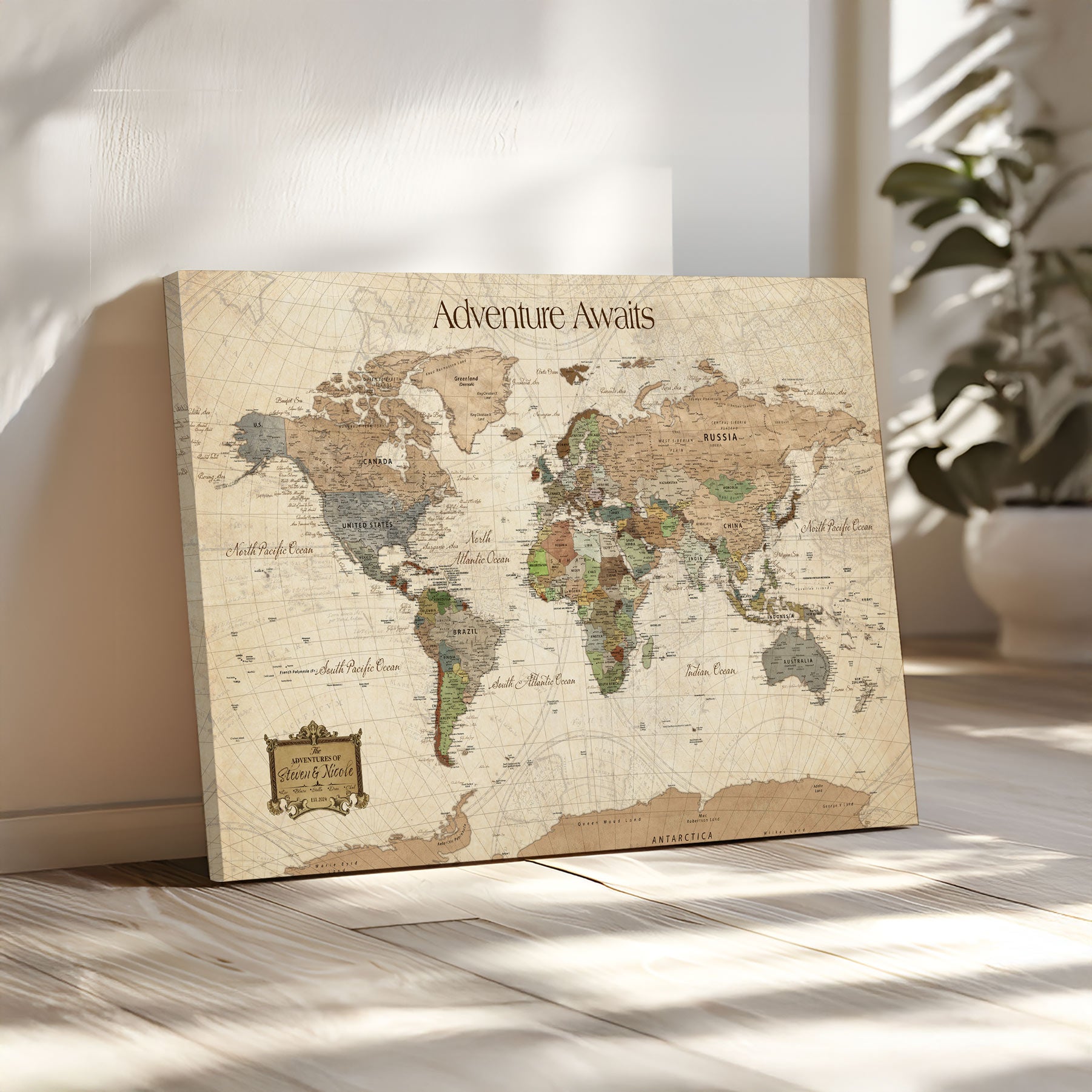 82844776-MGV-CV-30X20-Personalized Push Pin World Map Canvas Print Custom Adventure Tracker Framed Travel Wall Art Gift for Couples Family Home Office