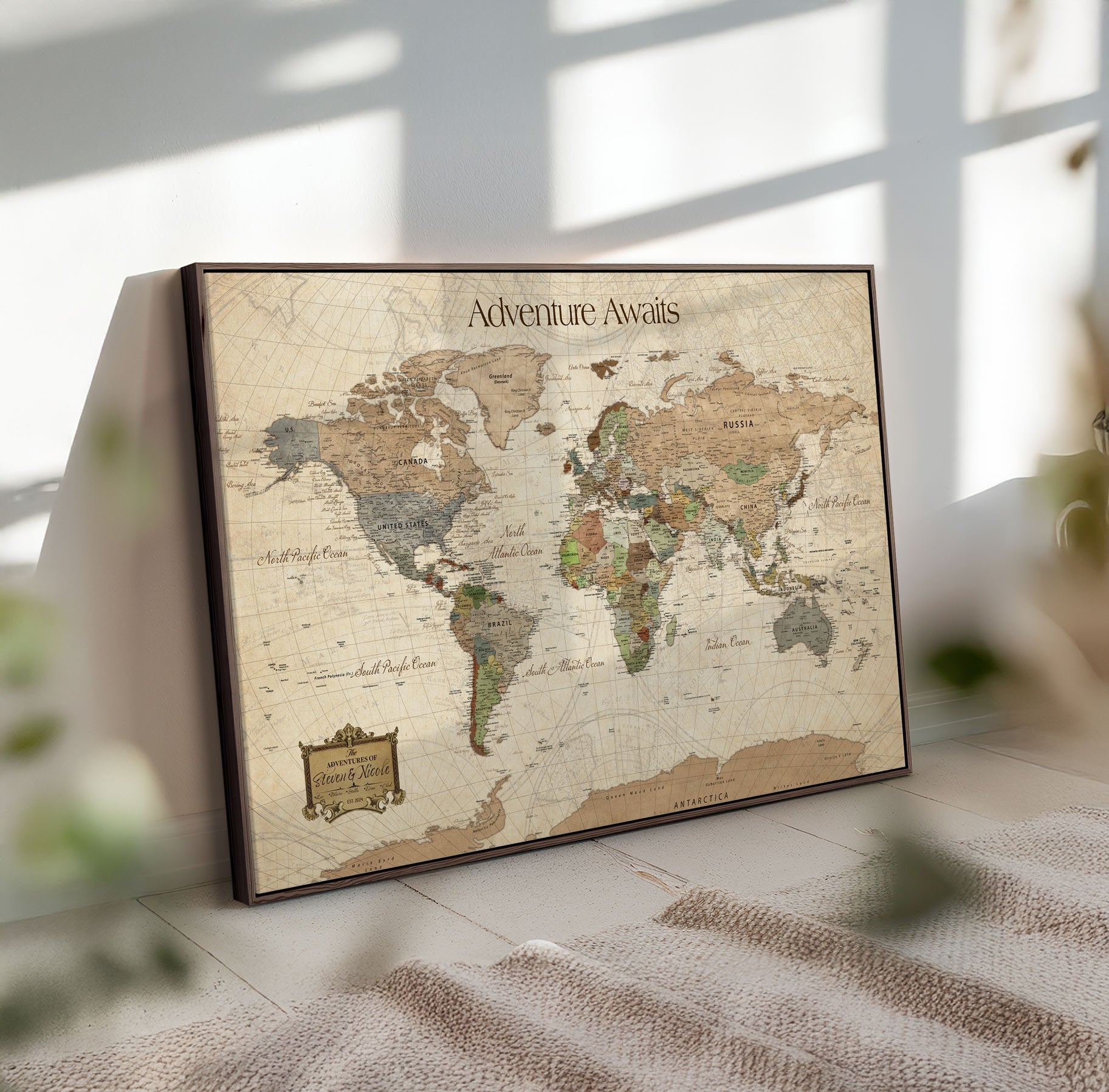 82844776-MGV-FC-30X20-Personalized Push Pin World Map Canvas Print Custom Adventure Tracker Framed Travel Wall Art Gift for Couples Family Home Office
