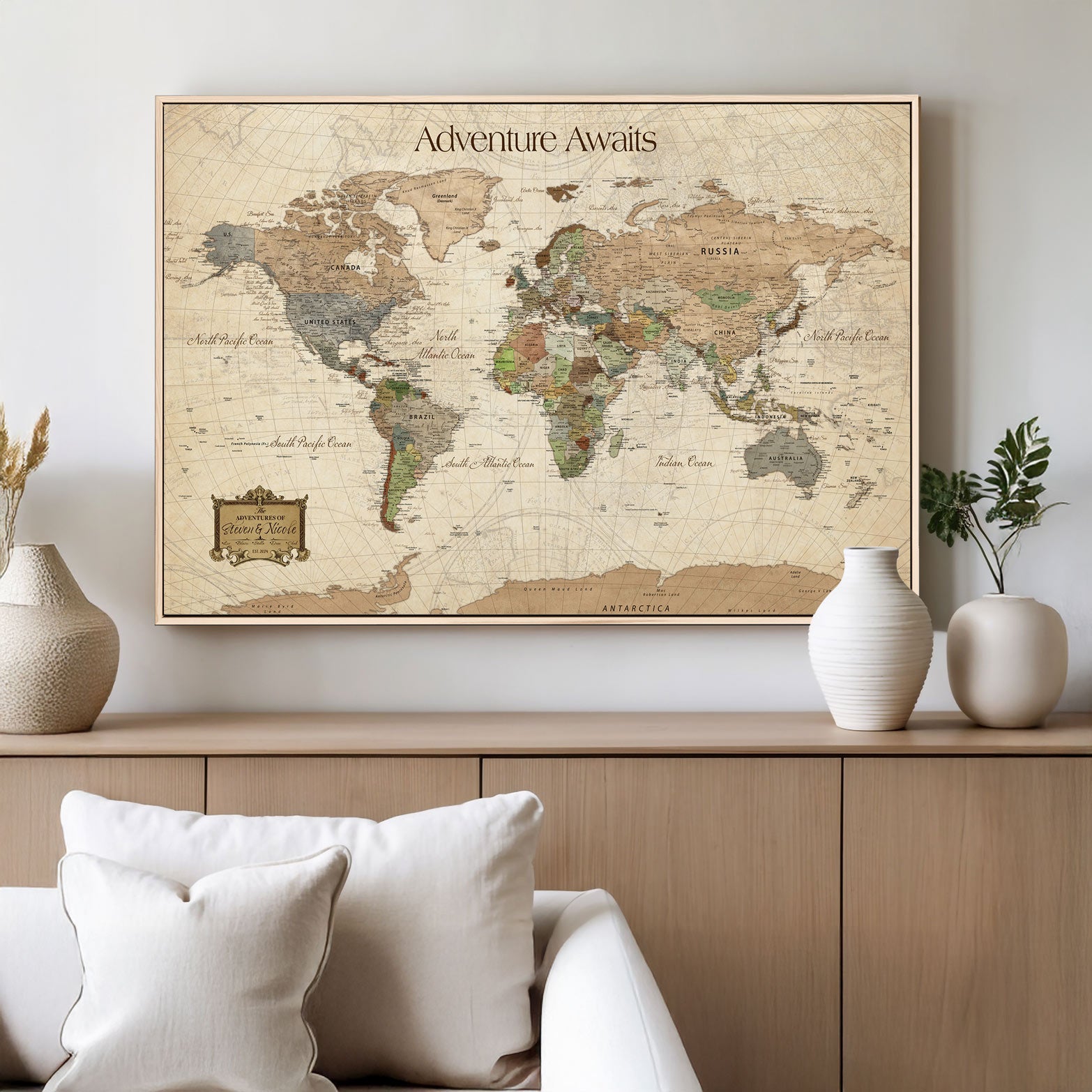 -Personalized Push Pin World Map Canvas Print Custom Adventure Tracker Framed Travel Wall Art Gift for Couples Family Home Office