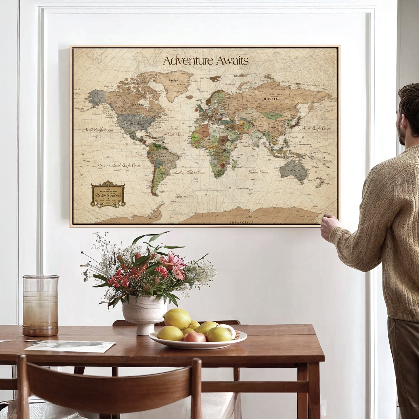 -Personalized Push Pin World Map Canvas Print Custom Adventure Tracker Framed Travel Wall Art Gift for Couples Family Home Office