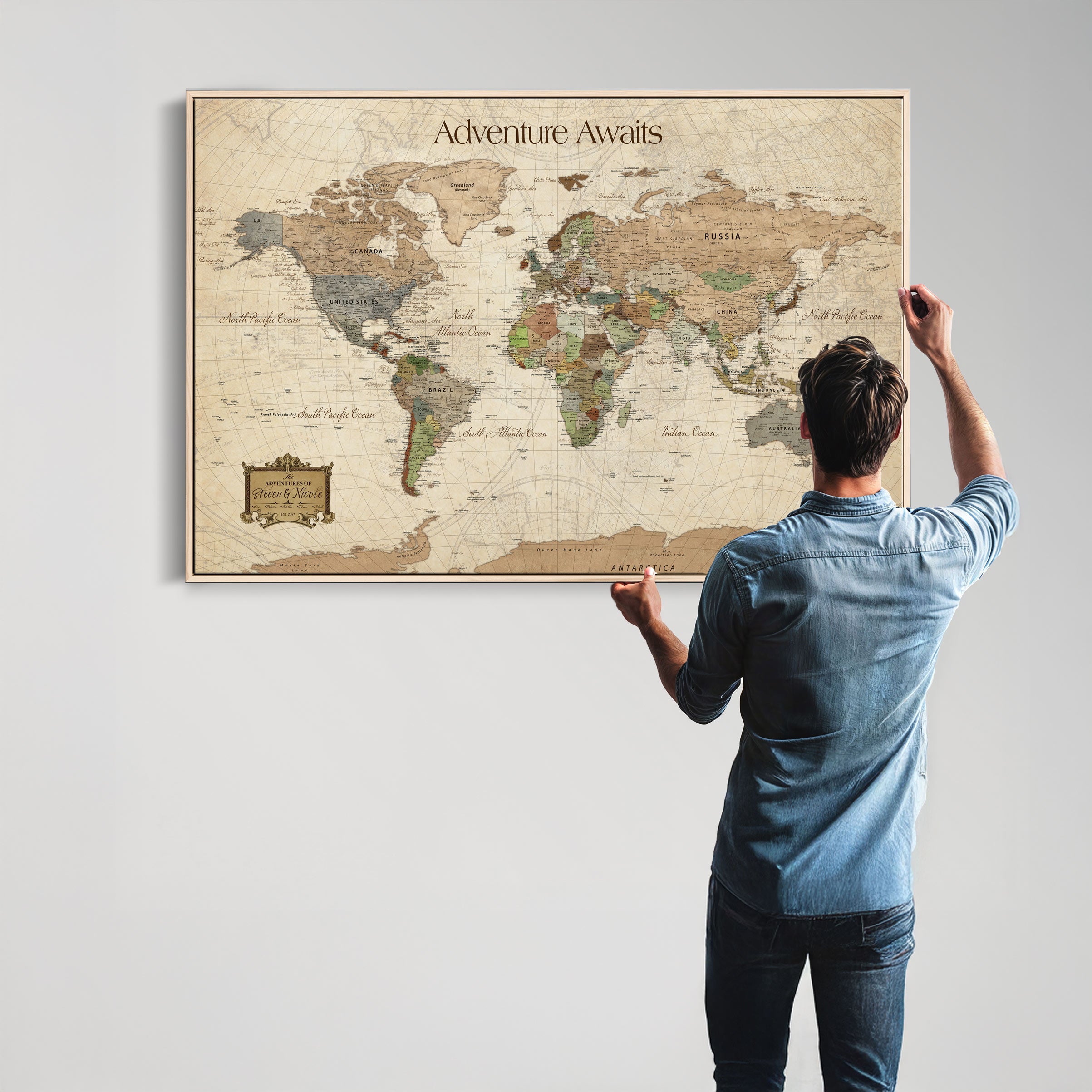 -Personalized Push Pin World Map Canvas Print Custom Adventure Tracker Framed Travel Wall Art Gift for Couples Family Home Office