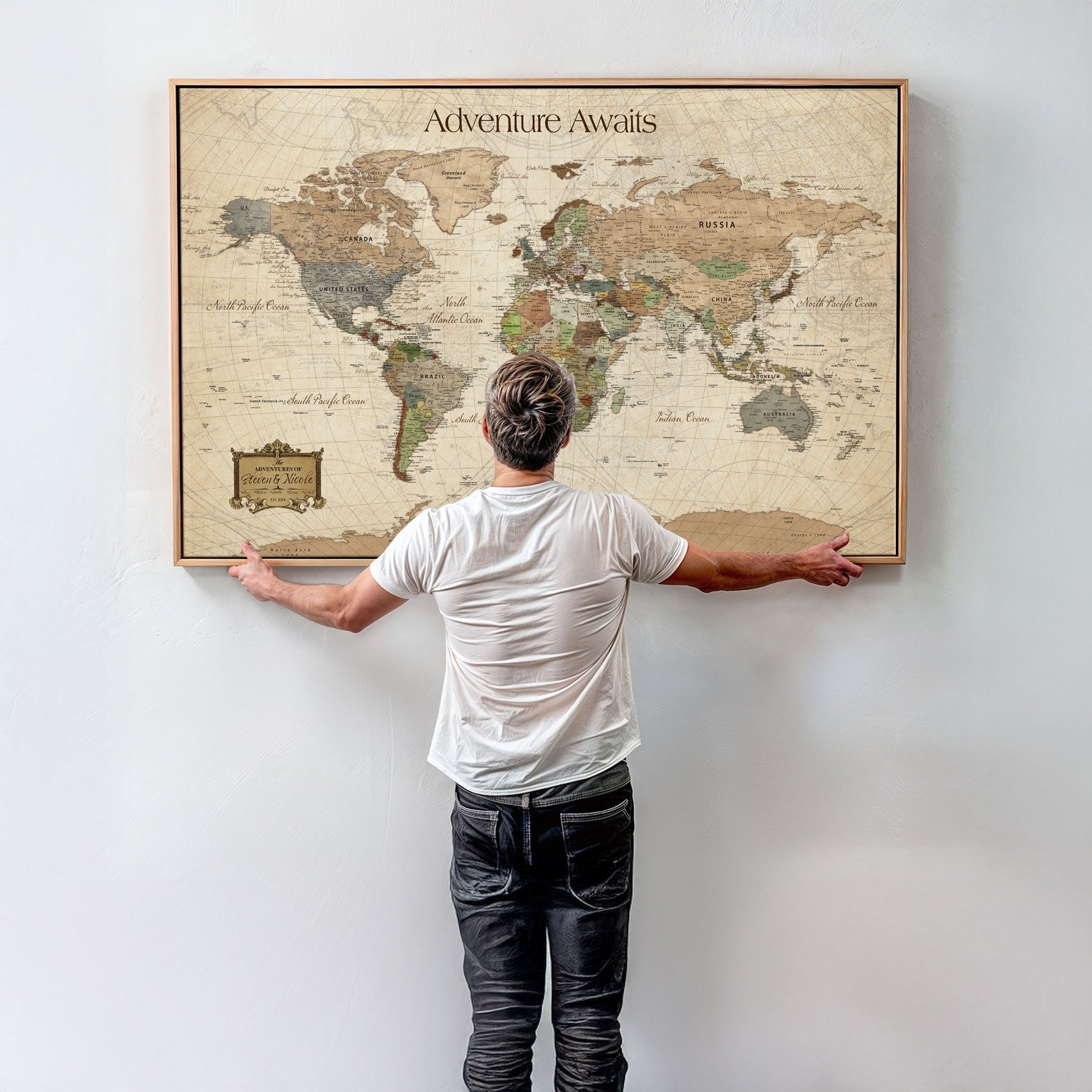 -Personalized Push Pin World Map Canvas Print Custom Adventure Tracker Framed Travel Wall Art Gift for Couples Family Home Office