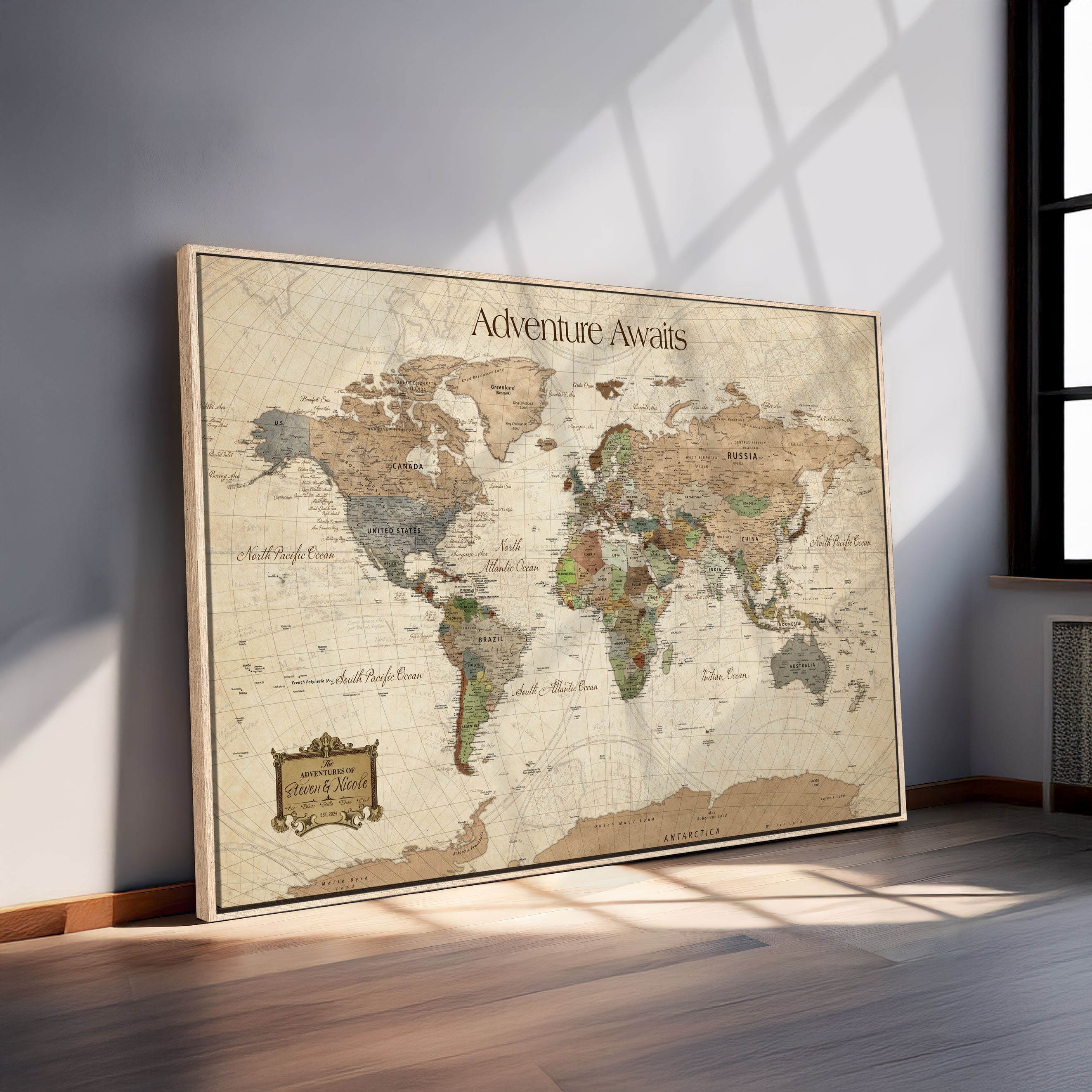 -Personalized Push Pin World Map Canvas Print Custom Adventure Tracker Framed Travel Wall Art Gift for Couples Family Home Office