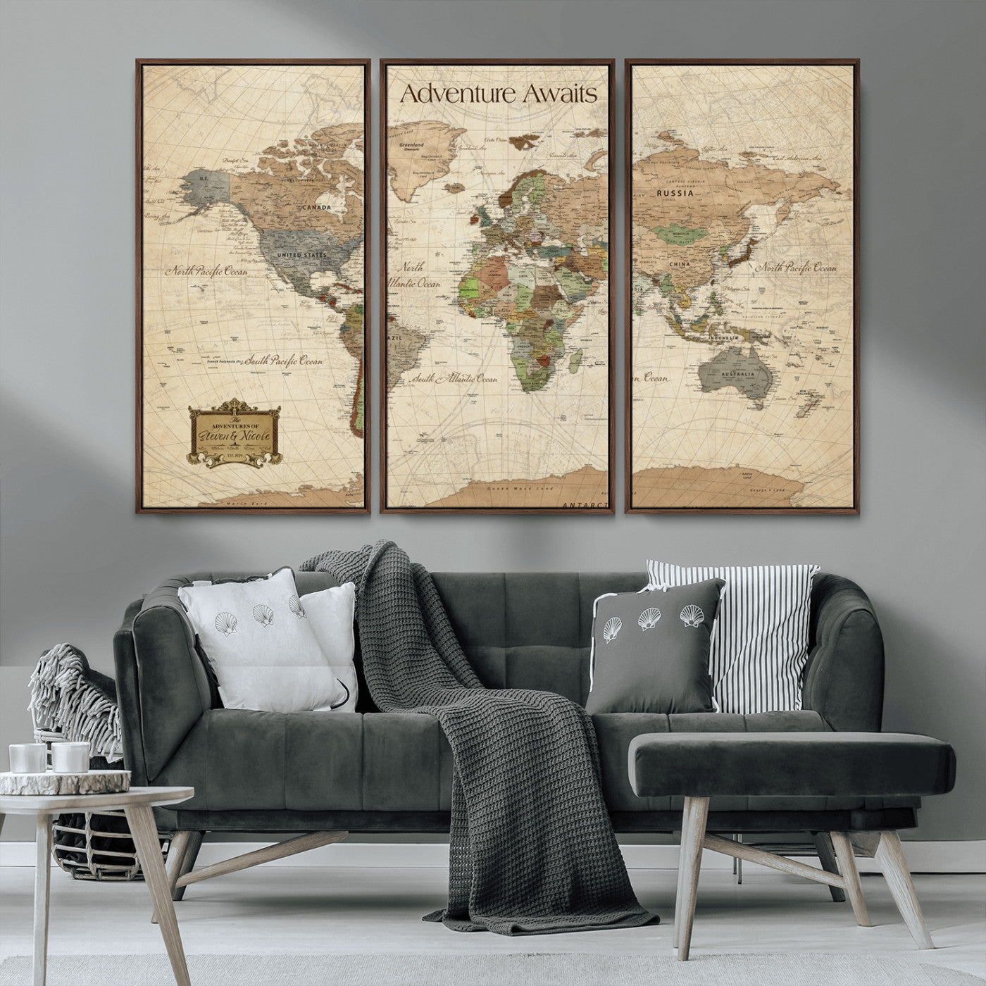 82844776-MGV-FC-48X32-3P-Personalized Push Pin World Map Canvas Print Custom Adventure Tracker Framed Travel Wall Art Gift for Couples Family Home Office