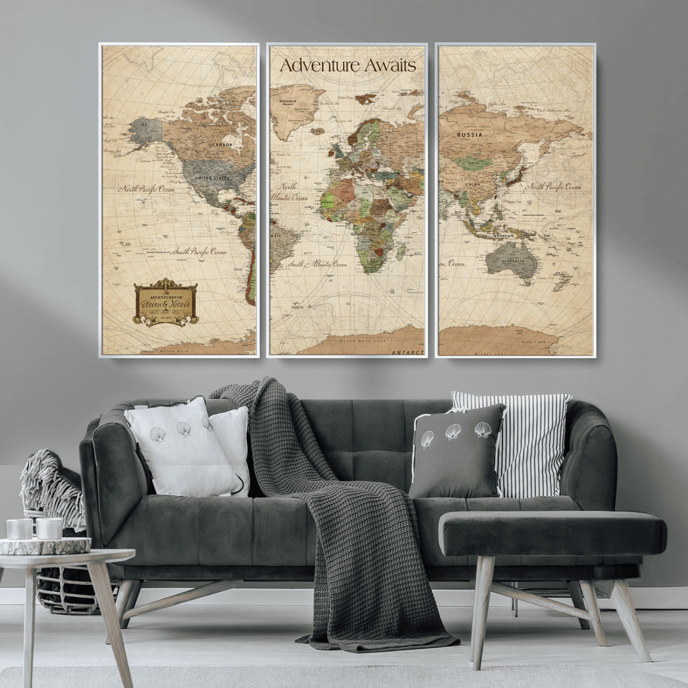 82844776-MGV-FC-48X32-3P-Personalized Push Pin World Map Canvas Print Custom Adventure Tracker Framed Travel Wall Art Gift for Couples Family Home Office