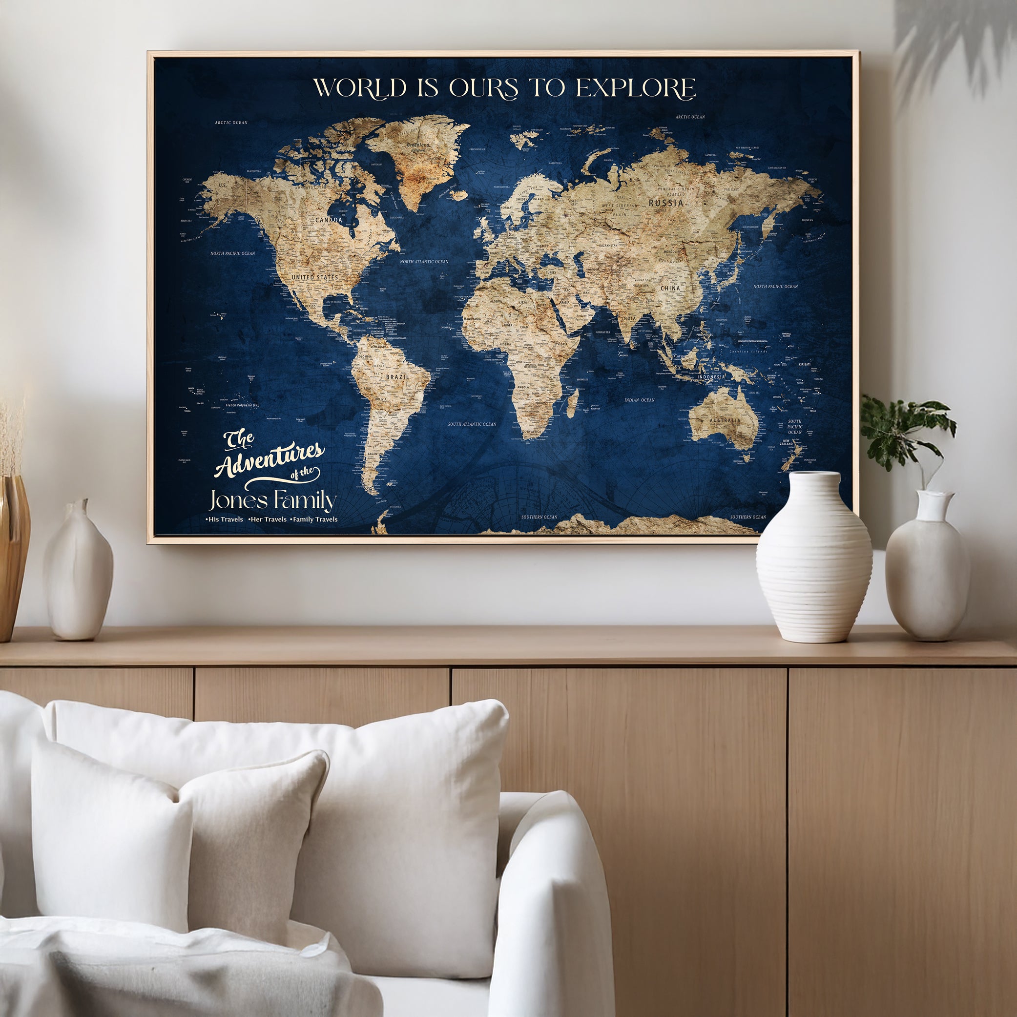 56122A-MGV-CV-36X24 - Personalized Push Pin World Map Canvas Print – Custom Couple Travel Tracker Wall Art, Framed Anniversary Gift for Home Decor