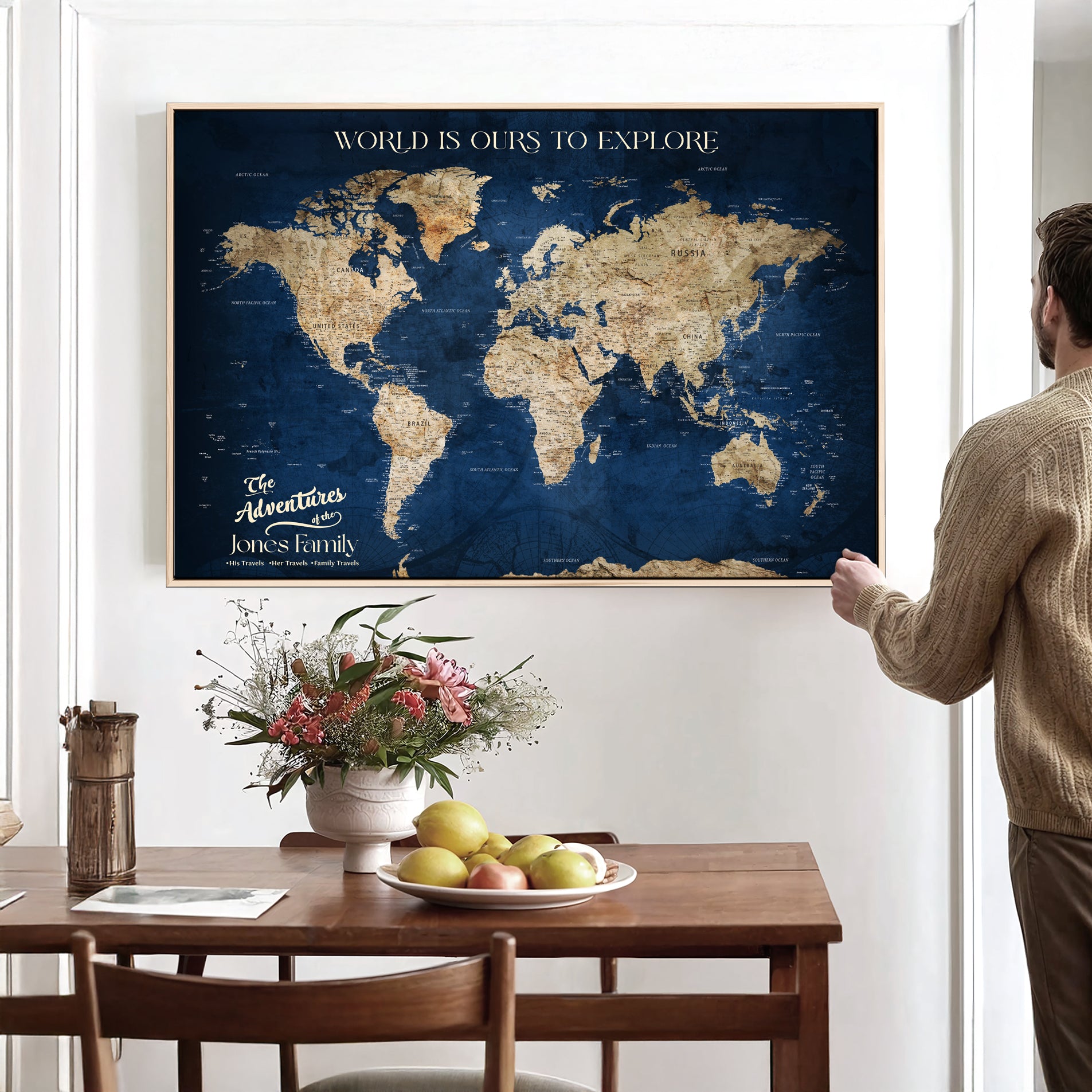 56122A-MGV-CV-36X24 - Personalized Push Pin World Map Canvas Print – Custom Couple Travel Tracker Wall Art, Framed Anniversary Gift for Home Decor