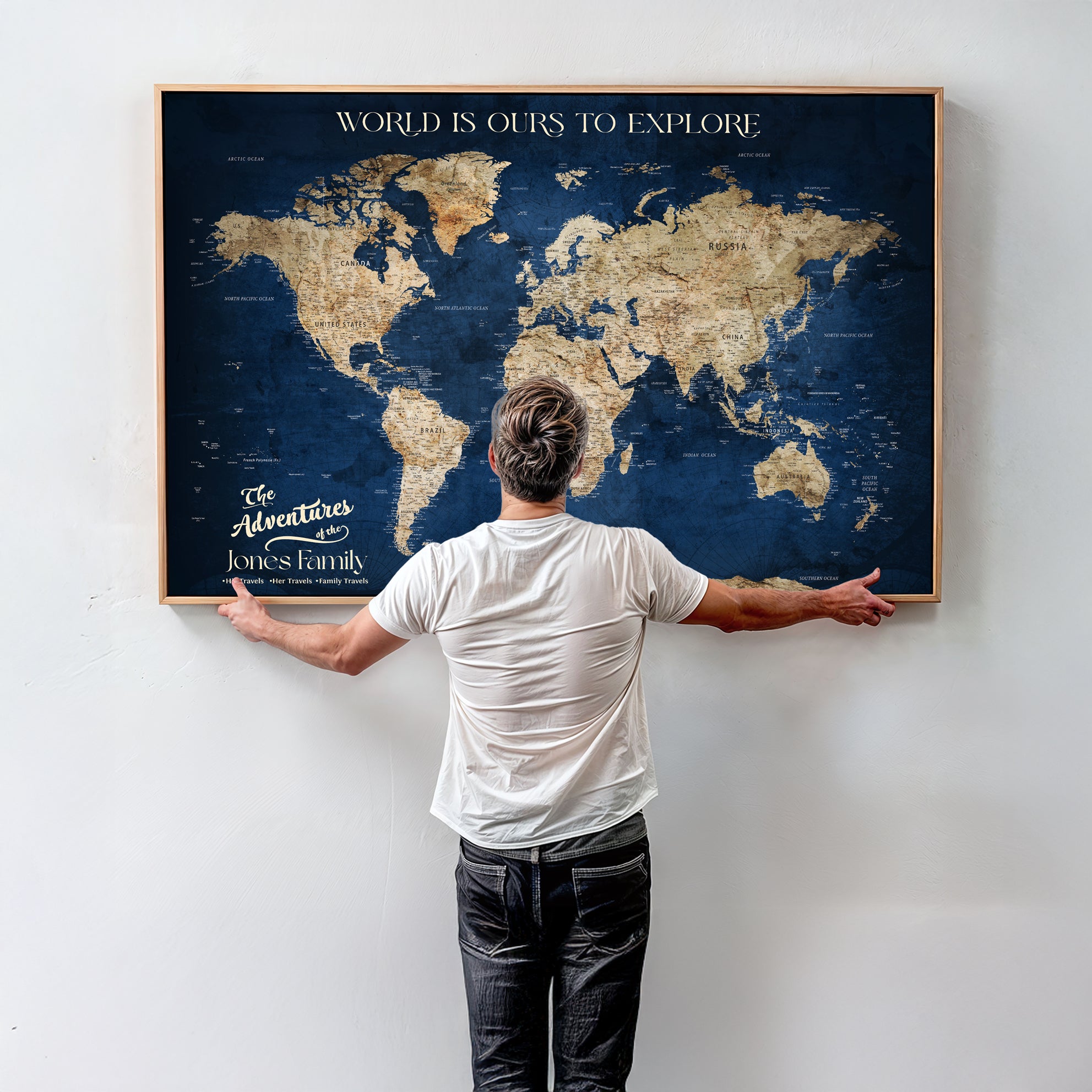 56122A-MGV-CV-36X24 - Customizable Push Pin World Map Canvas Print Foam Cork Pin Include, Custom Travel Tracker Map Framed Wall Art Gift for Couples Family for Home, Office Decor