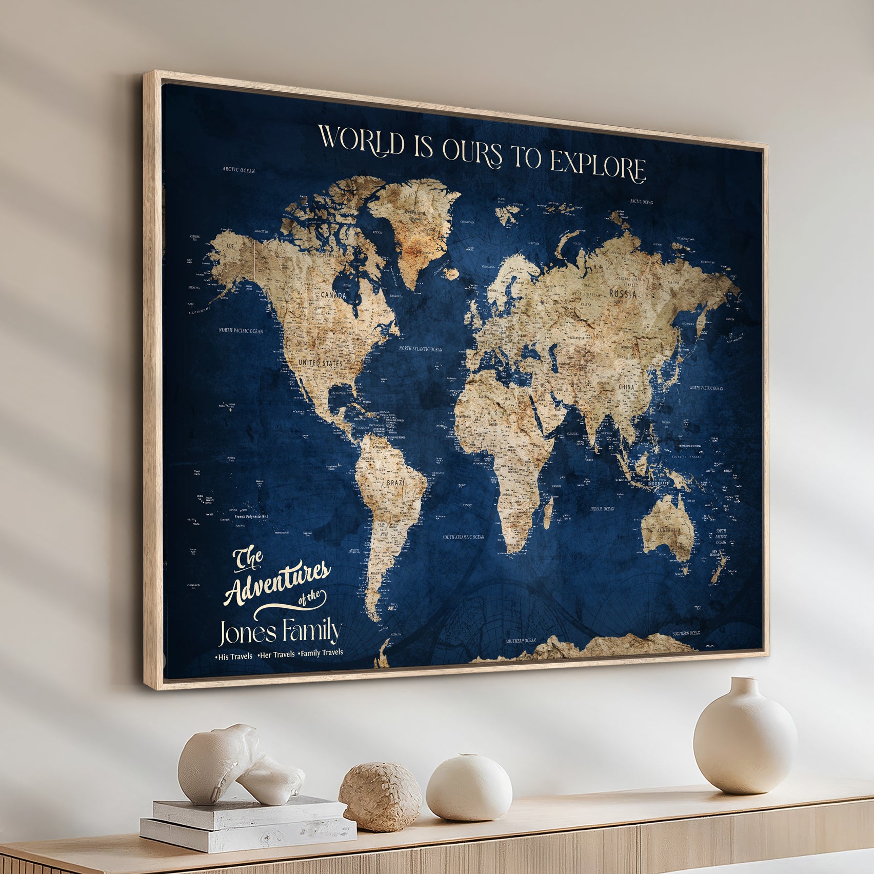 56122A-MGV-CV-36X24 - Personalized Push Pin World Map Canvas Print – Custom Couple Travel Tracker Wall Art, Framed Anniversary Gift for Home Decor